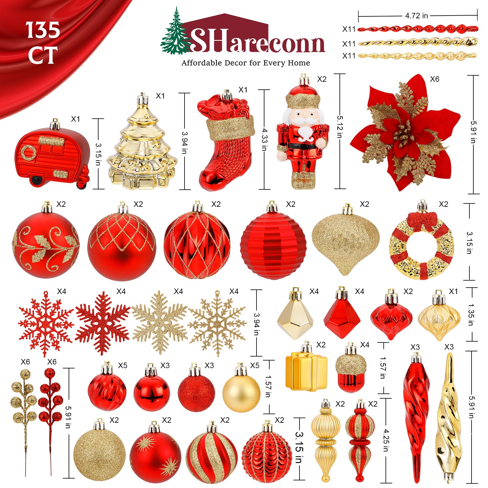 SHareconn Juego de 135 Piezas de Adornos Arbol Navidad, Adornos Bolas de Plástico Irrompibles con Cordón, Decoración Arbol de Navidad, Grandes Decoracion para Bodas (Rojo y Dorado)