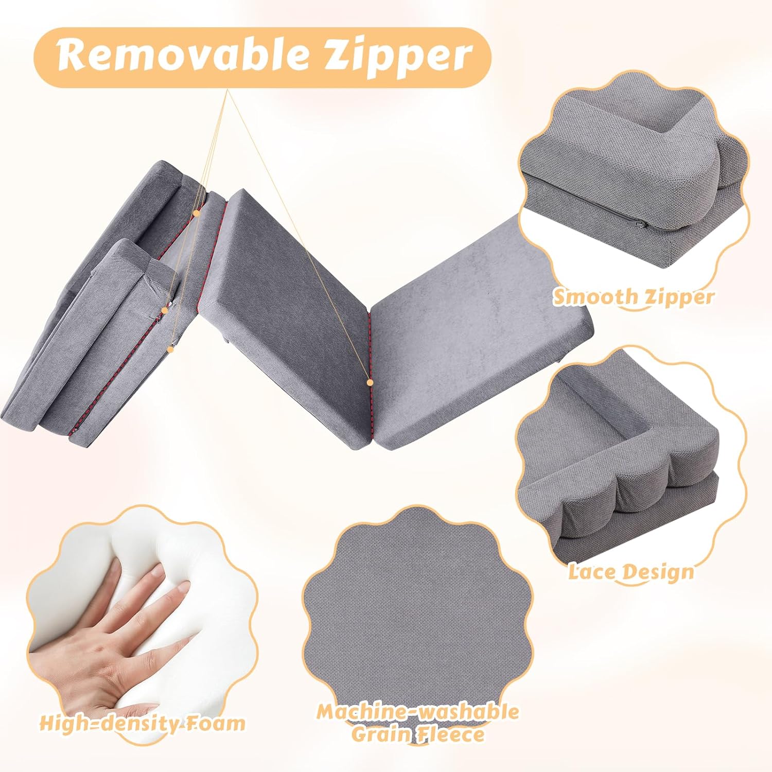 Foldable Toddler Couch, 3-in-1 Toddler Chair & Lounger with Waterproof Carry Bag,Portable Travel Play Sofa Removable Washable Covers for Indoor & Outdoor Use,Gray