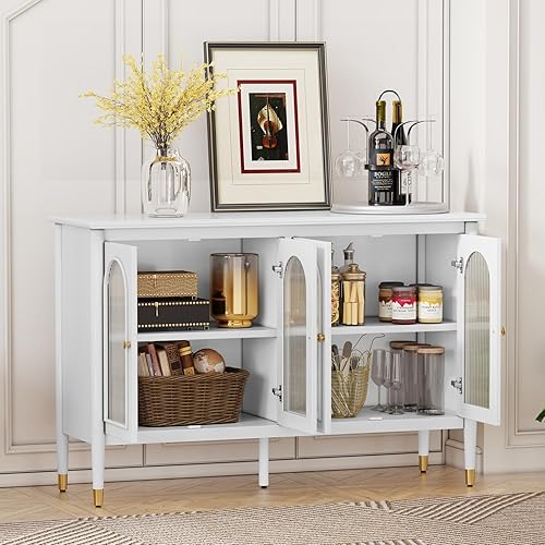 Miniatura 4 de Armario de buffet con arco de 48 pulgadas, cabina de almacenamiento de acento de mediados de siglo con 4 puertas de cristal, armario decorativo de