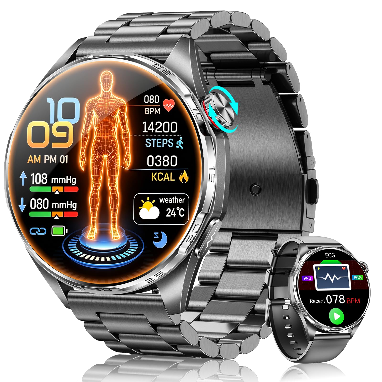 Smartwatch Herren KI mit Blutdruck, EKG/HRV/BMI, Bluetooth-Anrufe, Schwarz