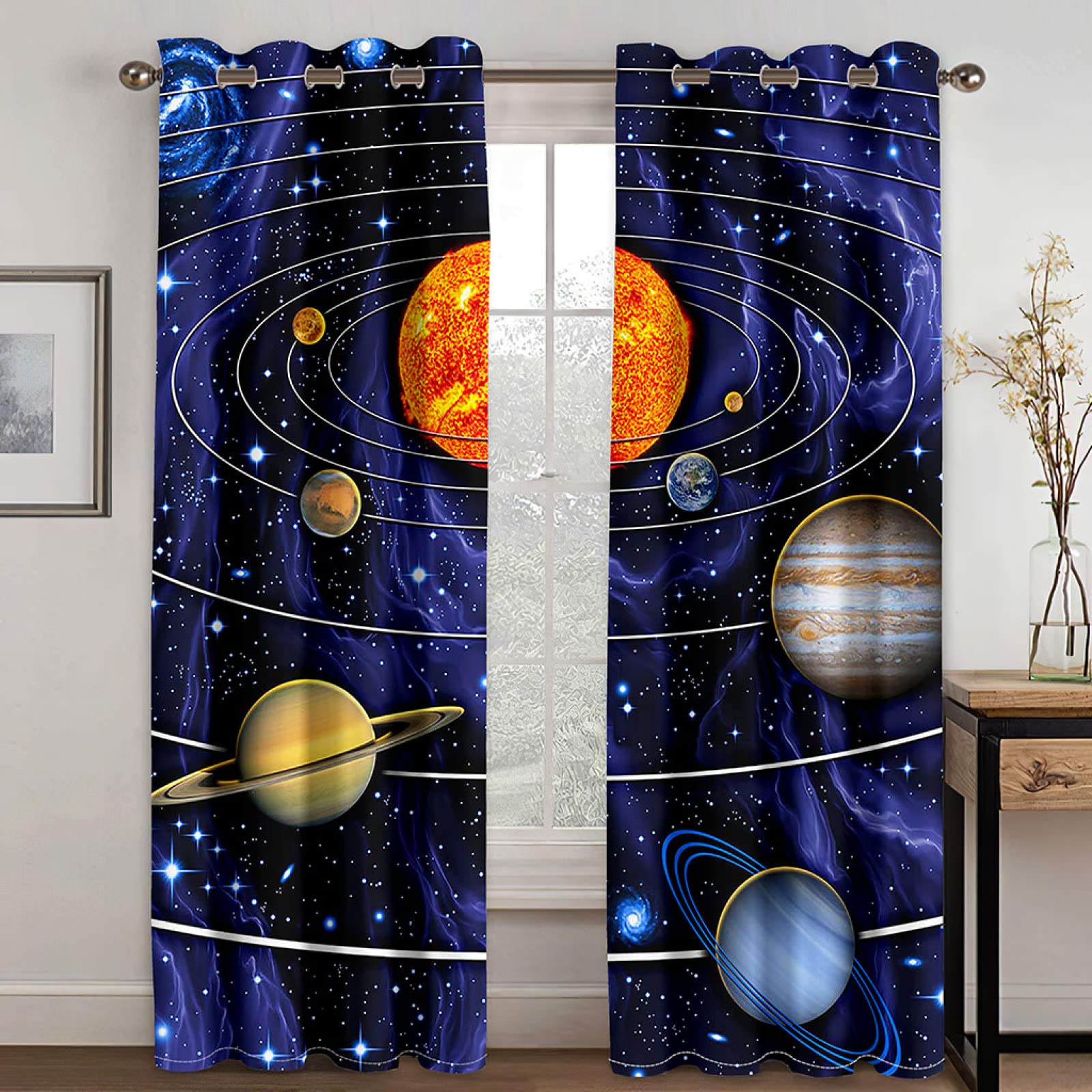 MAYNUO Cortinas Dormitorio Opacas 2 Piezas 200x160 Cm Cortinas Térmicas Aislantes Frío 3D Planet Art Cartoon Niños Cortinas Ventana Aislamiento Térmico Cortina para Dormitorio, Salón, con Ojales
