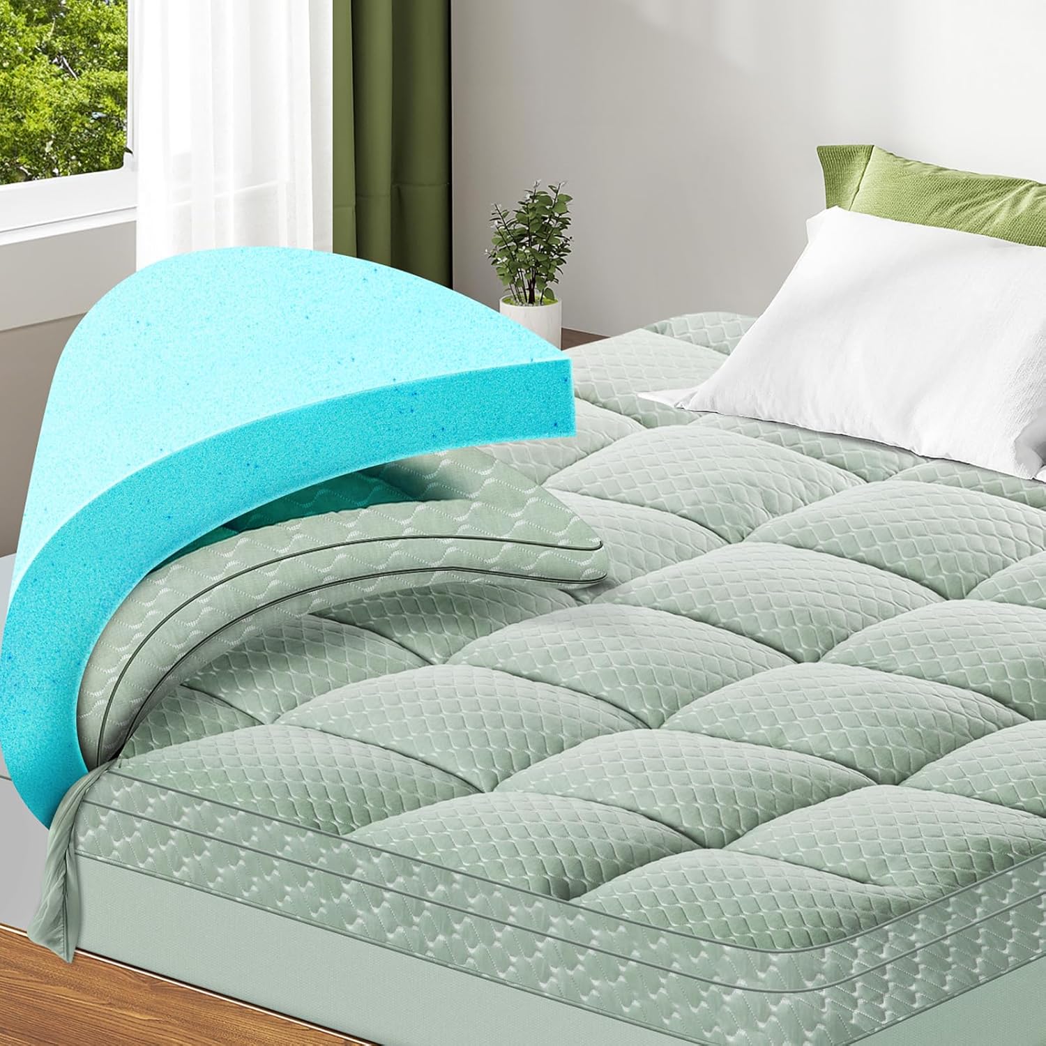 Dual Layer 3 Inch Memory Foam Mattress Topper Queen Size, 2 Inch Gel Memory Foam Plus 1 Inch Cooling Pillow Top Mattress Pad Cover, with 8-21 Inch Deep Pocket, Green Queen Dual Layer Green