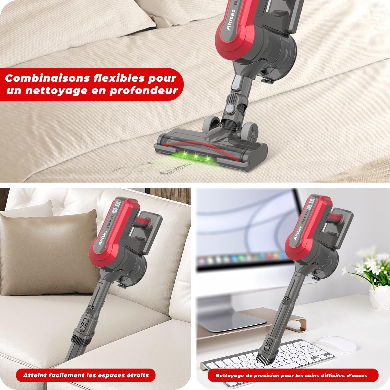 Akitas V10A Aspirateur sans Fil 450W avec Brosse Anti-Enchevêtrement pour Cheveux et Tapis Moteur Numérique BLDC 3 Vitesses 50 Min d’Autonomi Balai Vertical et à Main avec Batterie au Lithium