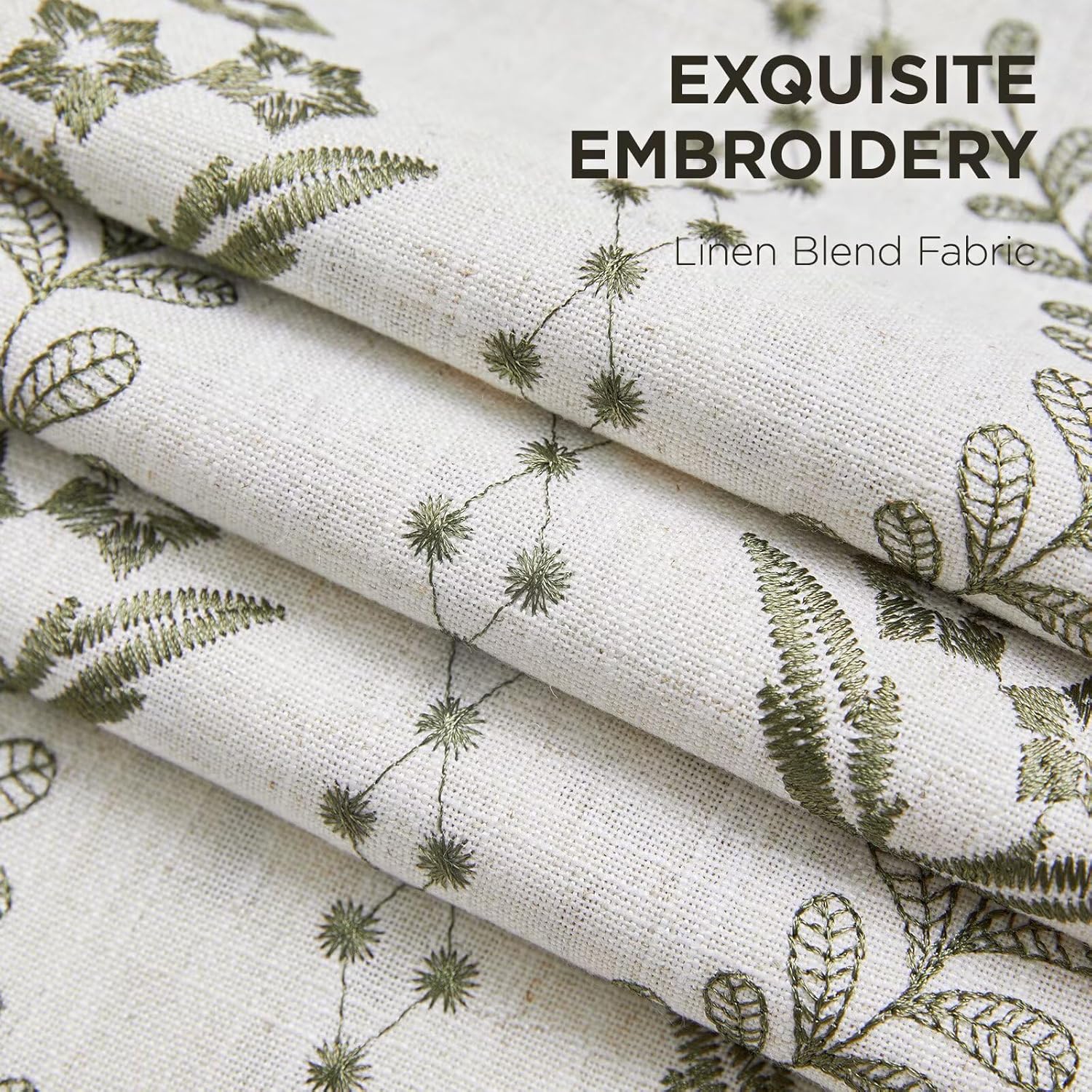 Joydeco Olive Green Embroidered Curtains 63 Inch Long 2 Panel Set, Vintage Floral Linen Drapes for Living Room Bedroom, Light Filtering Cottage Curtain with Back Tab Rod Pocket (63" L x 50" W)