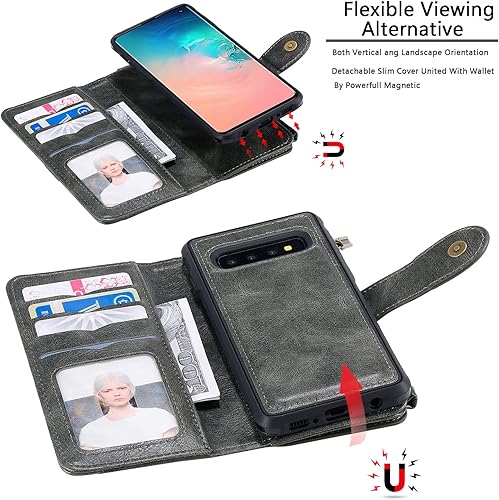 Miniatura 6 de Asuwish Funda de teléfono para Samsung Galaxy S10 con cremallera, funda desmontable con protector de pantalla de vidrio templado y tarjetero de