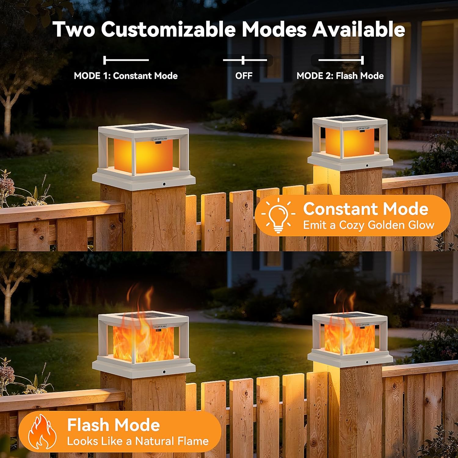 Solar Post Cap Lights Outdoor with Flickering Flame, Waterproof Solar Powered Deck Post Flame Light for 4x4 Wooden/Vinyl, White High Brightness SMD LED Fence Light for Yard, Porch, Halloween, 12-Pack