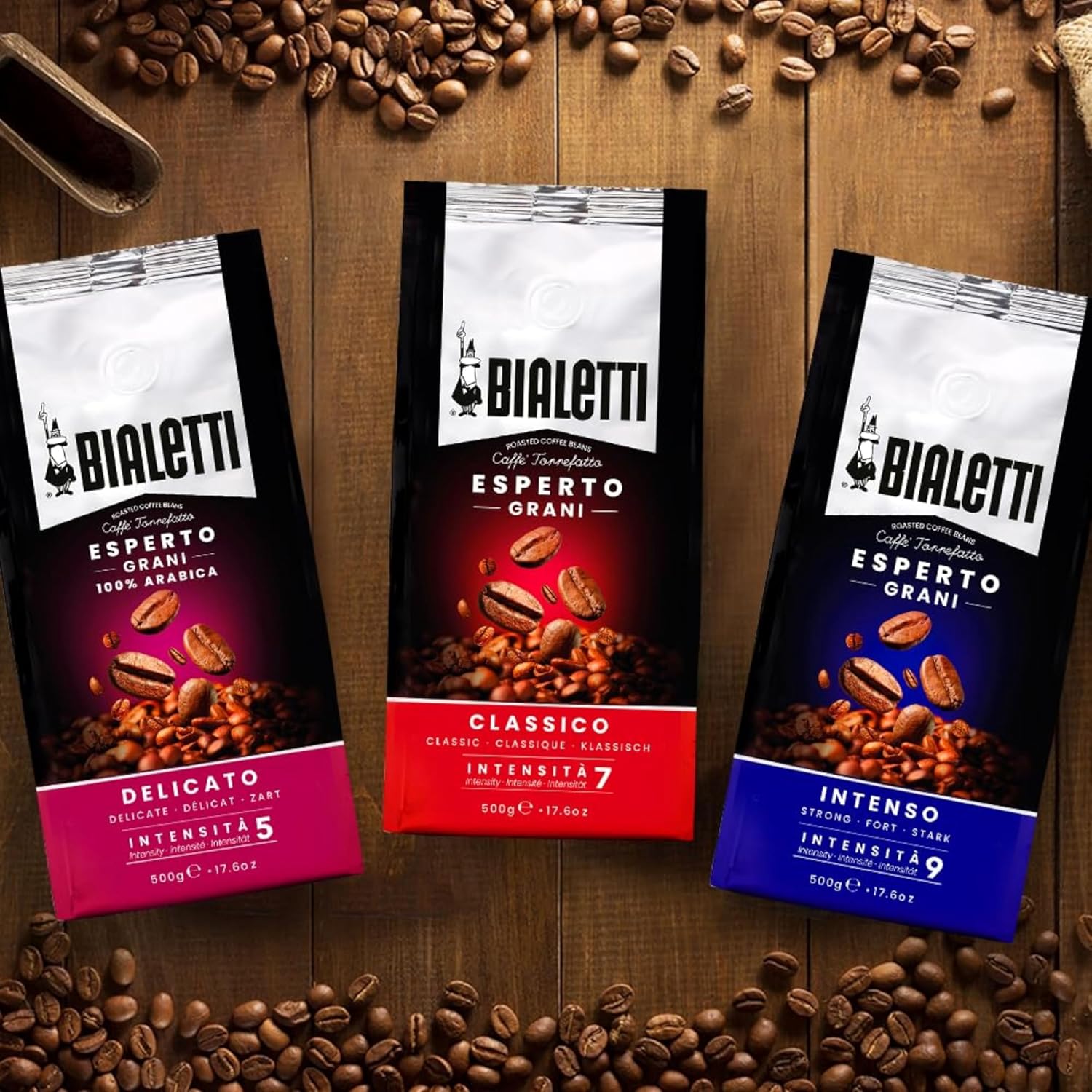 Bialetti Classico Coffee Beans, 500g Bag - Medium Roast Intensity 8, 50% Arabica 50% Robusta Whole Bean Blend - Sweet Floral & Dried Fruit Notes For Espresso, Cappuccino & Latte Machines & Moka Pots