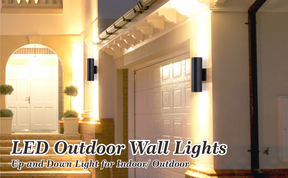Image of DAKAFUL Outdoor Wall Lights 2 Packs, Integrated LED Cylinder Up Down 12W 2700K Modern Aluminum Light, Waterproof Exterior Light for Porch Patio Door, Matte Black