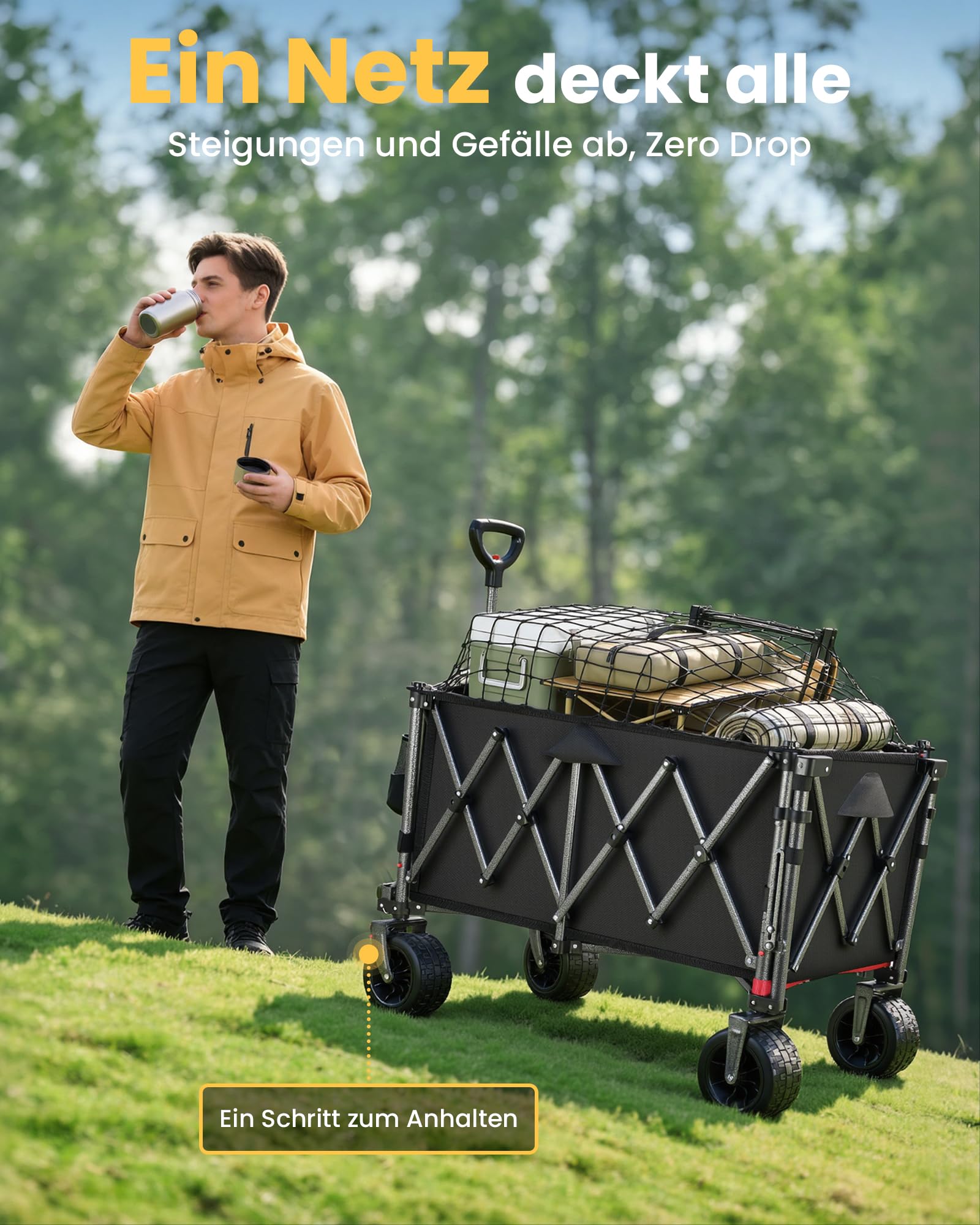YEAUPE PRO Bollerwagen Faltbar, 260L 250KG Faltbarer Bollerwagen& Wagon for Festival, Geländegängiger Strandwagen mit 17cm Breiten Rädern, Ideal für Garten, Einkauf, Strand, und Outdoor Nutzung