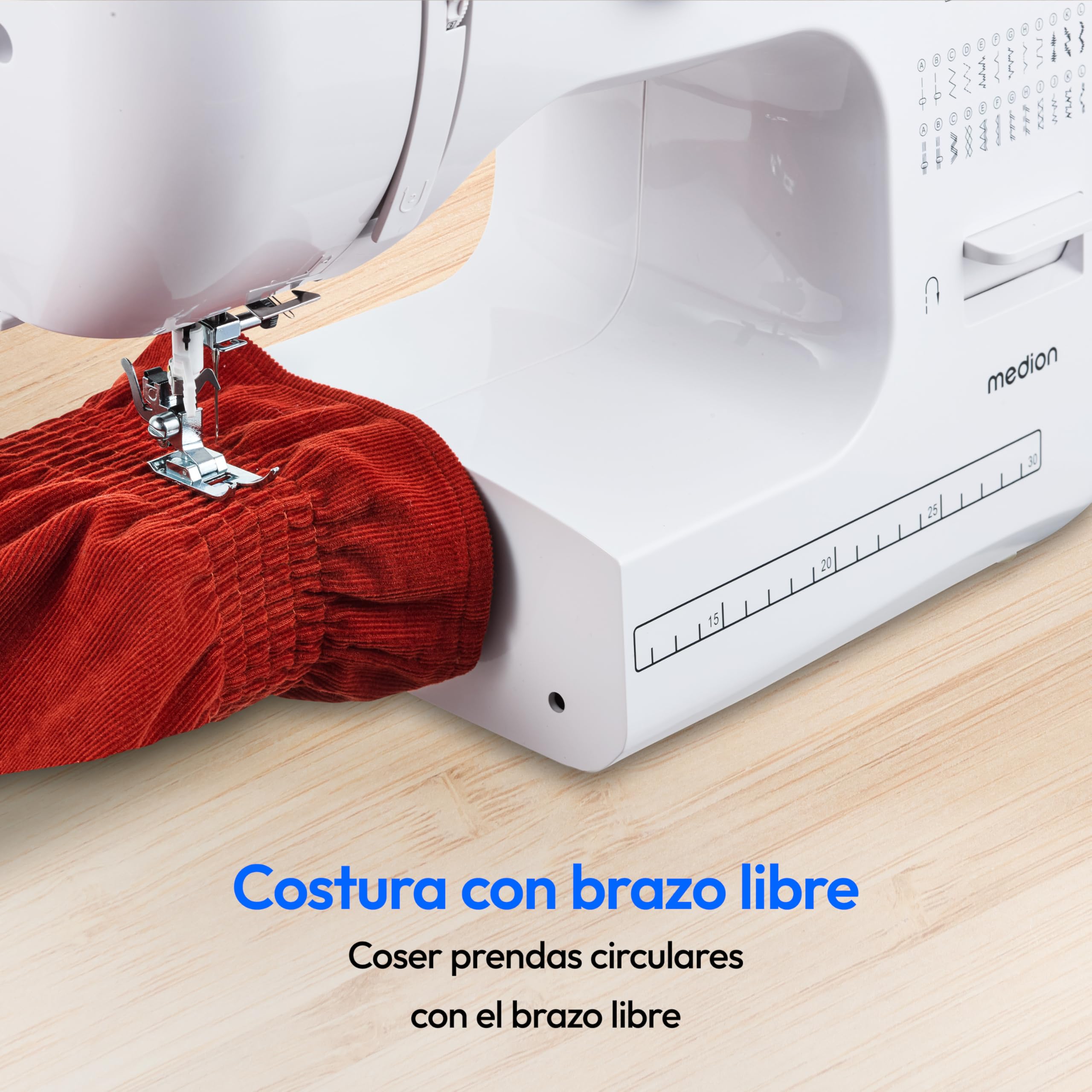 MEDION máquina de coser de brazo libre SM60 (60 vatios, 60 puntadas diferentes con ojales, luz de costura LED, enhebrador automático, botón de marcha atrás, cortador de hilo, MD10689) blanca