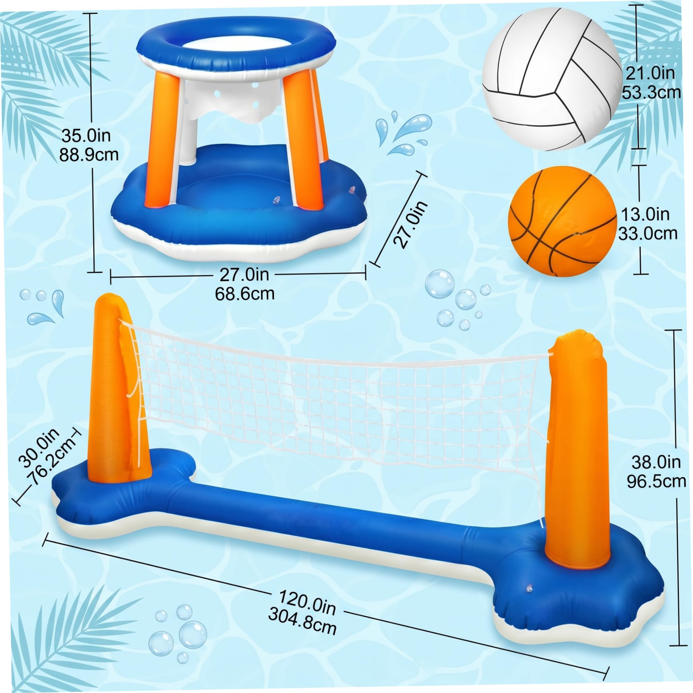 Pool-Volleyballnetz & Pool-Basketballnetz-Set schwimmendes aufblasbares Wasserspiel mit 2 Bällen Sommerspielzeug für drinnen und draußen für Erwachsene Familien und Jugendliche