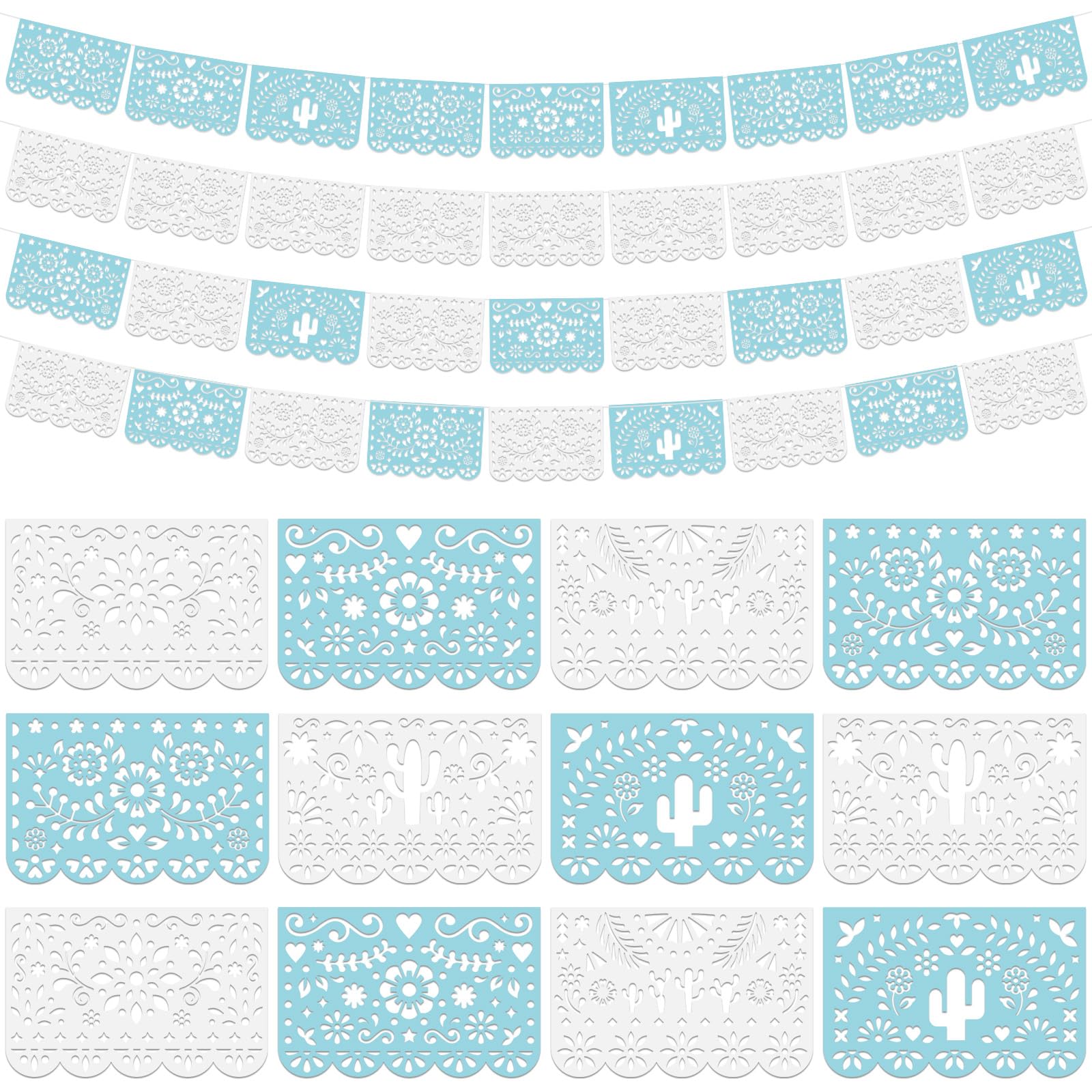 Tiamon Paquete de 4 guirnaldas de papel picado, decoraciones de fiesta mexicana de plástico para fiestas, Cielito Lindo Cinco de Mayo, baby shower, Día de Muertos, decoración colgante para interiores