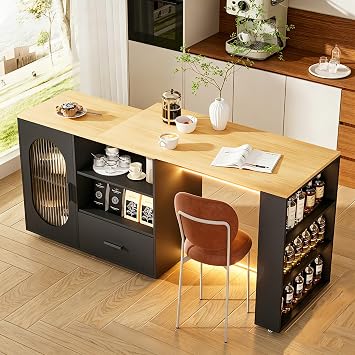 72.4 Rolling Kitchen Island, 360Extendable Dining Table with Storage, Rolling Kitchen Cart on Wheels with Spice Rack, Drawer and Door Cabinet, Island Table with LED Lights for Dining Room & Home Bar