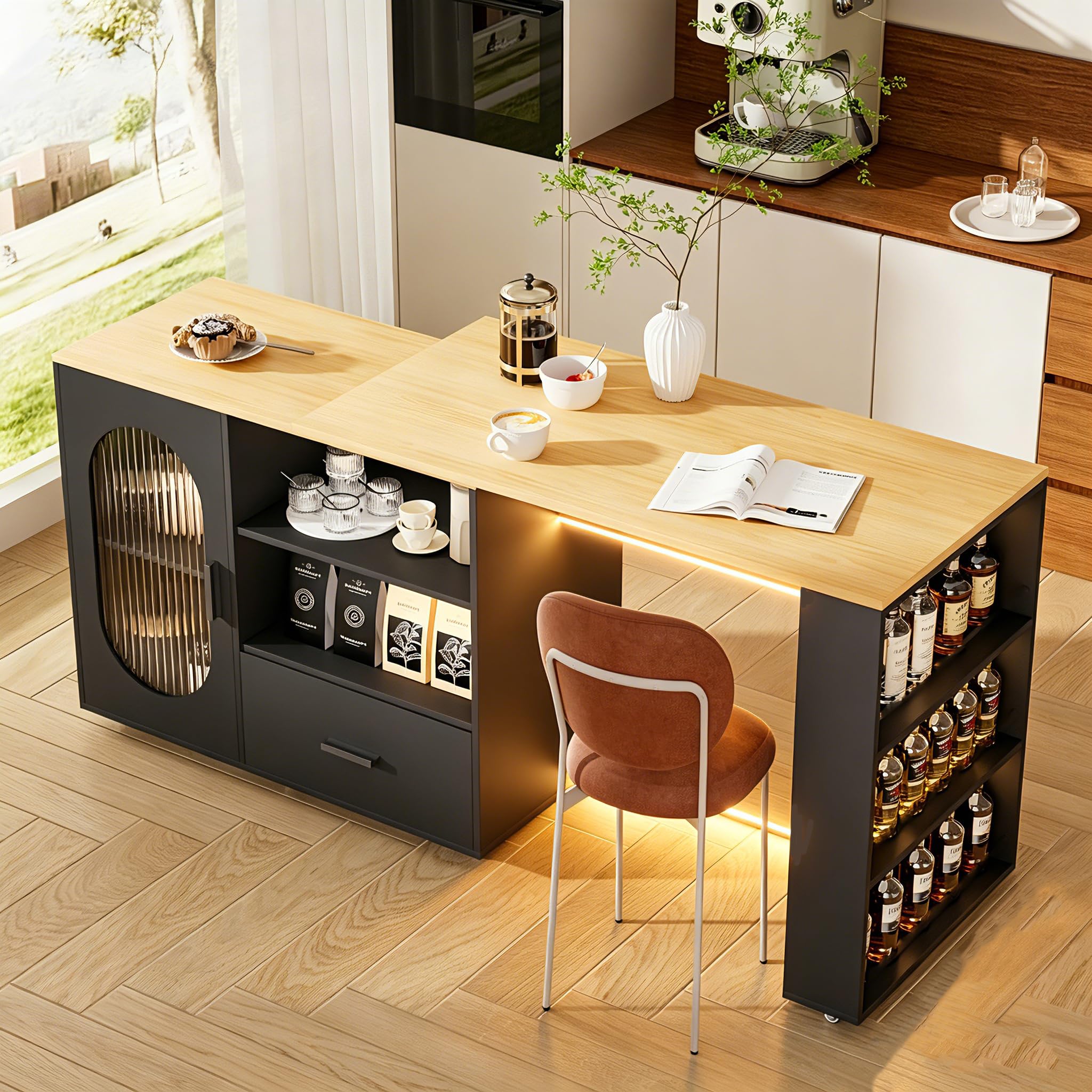 Isola da cucina girevole a 360° con spazio di archiviazione, carrello da cucina portatile, tavolo da bar allungabile, piano di lavoro in acciaio inox, bar per la colazione con armadi e cassetti, per