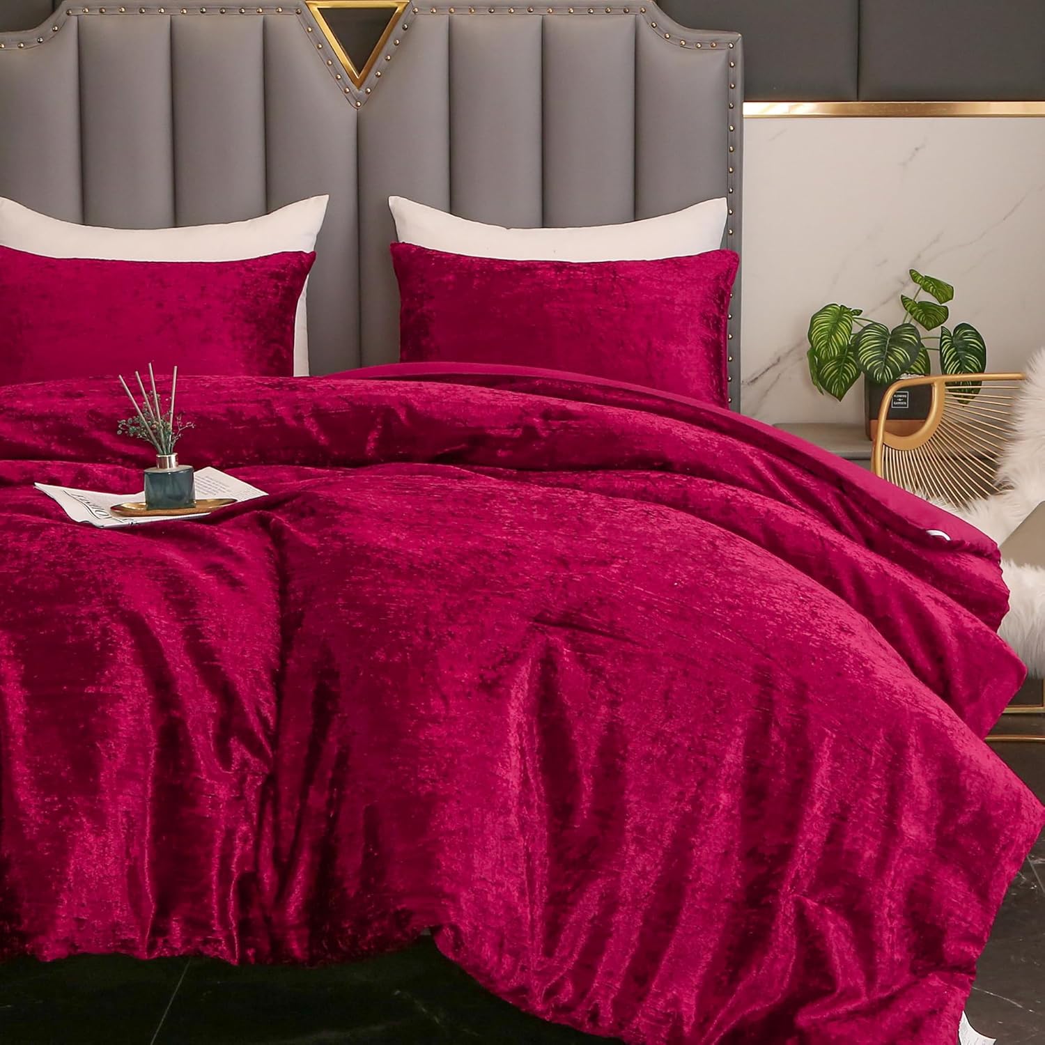 YOZEN King Size Korean Velvet Comforter Set Burgundy Red, 3
