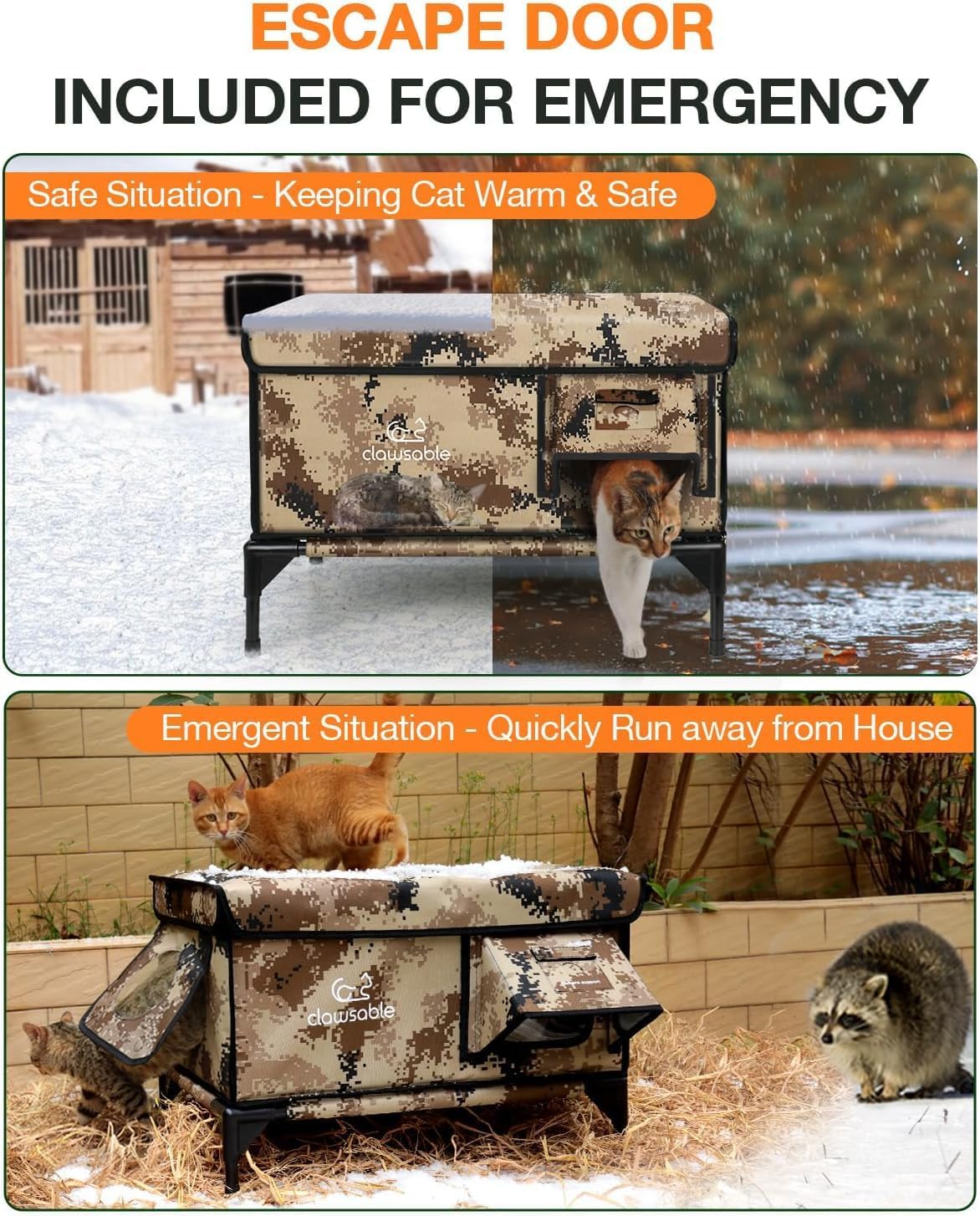 Outdoor Cat House for Outside Winter, 100% Waterproof, Safe Escape Door, Insulated Outdoor Cat Shelter for Feral Barn Cat Kitty (Desert Camo, 12.5"x16.5"x18")
