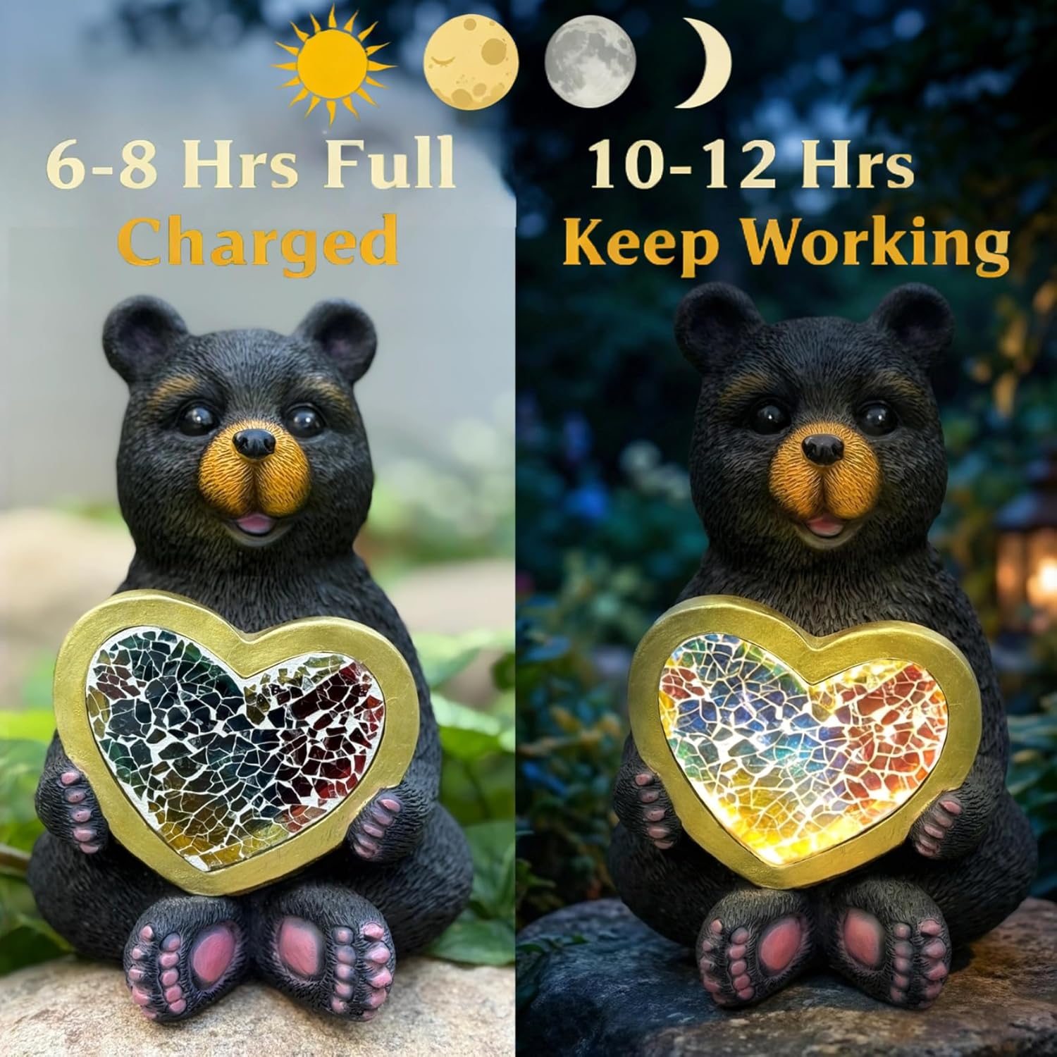Solar Garden Sculpture: Unique Resin Black Bear Holding a Heart Outdoor Mosaic Solar Light Ideal for Gardens, patios, and courtyards Gift or Decorative piece-Black