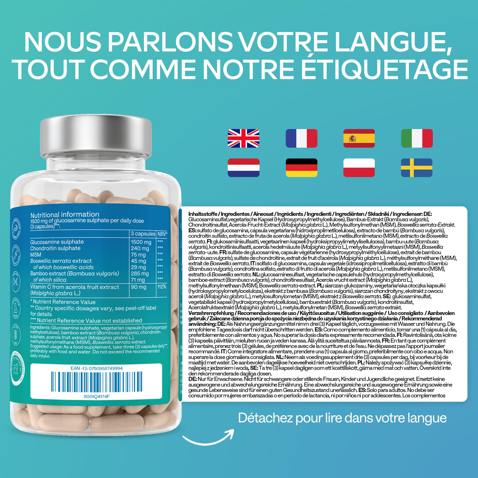 Glucosamine Chondroïtine MSM Vitamin C Acerola Boswellia Serrata - Glucosamine 1500mg Complément Alimentaire pour les Os, Cartilages et le Système Immunitaire - Glucosamine Chondroitin MSM Gelules 180