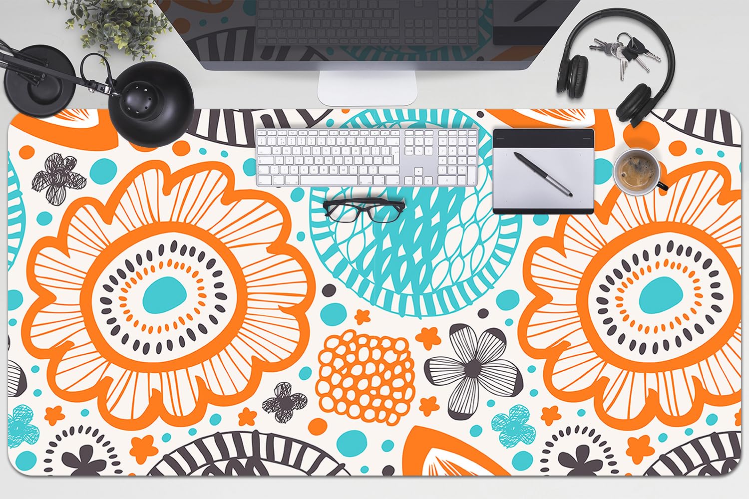 Sottomano per Tastiera 100x50 cm Impermeabile in Vinile PVC Protezione e Decorazione Facile da Pulire Superficie Protettiva per Ufficio e Casa Antiscivolo - Fiore pastello