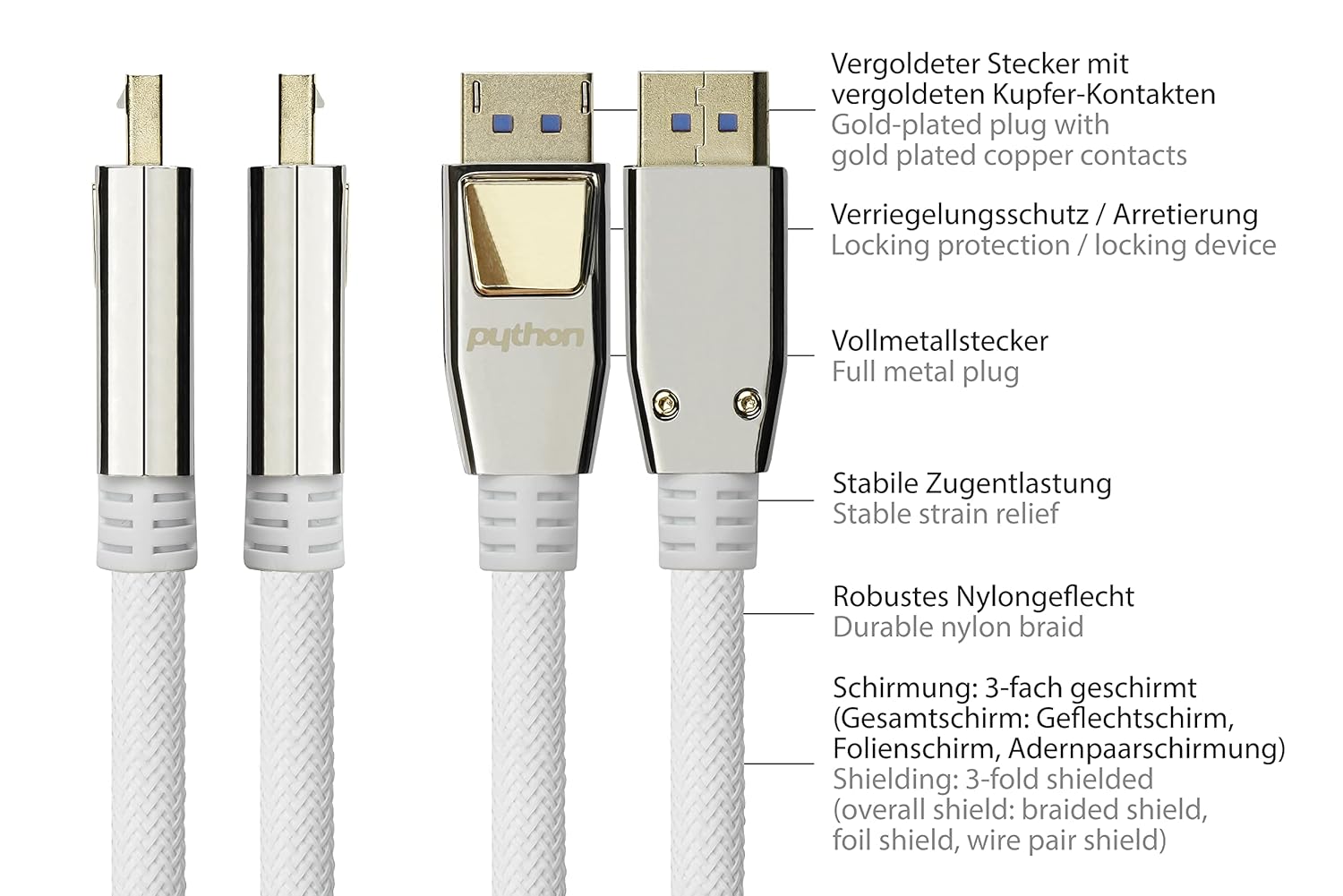 Python Premium DisplayPort 2.0 Cable - 2 m - 54 Gbit/s, UHBR 13.5-4K @240Hz / 8K @60Hz - Copper Conductor - Nylon Braided - White