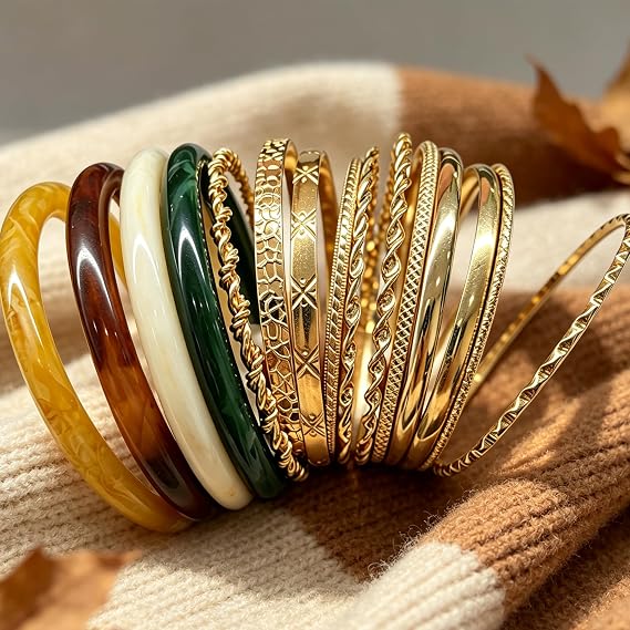 FAXHION 14 Pcs Gold Bangle Bracelets for Women, Multi Layer Stackable Cuff Bracelet Set, Trendy Textured Indian Chunky Bracelets Boho Jewelrys.