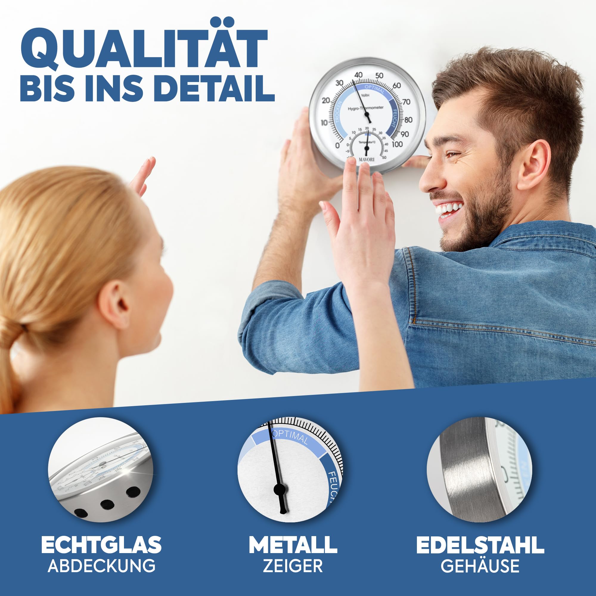 2in1 Hygrometer innen analog und Thermometer analog innen aus Edelstahl - Thermometer Hygrometer analog - Temperatur und Luftfeuchtigkeitsmesser innen für ein gesundes Raumklima - Ø 12,5cm