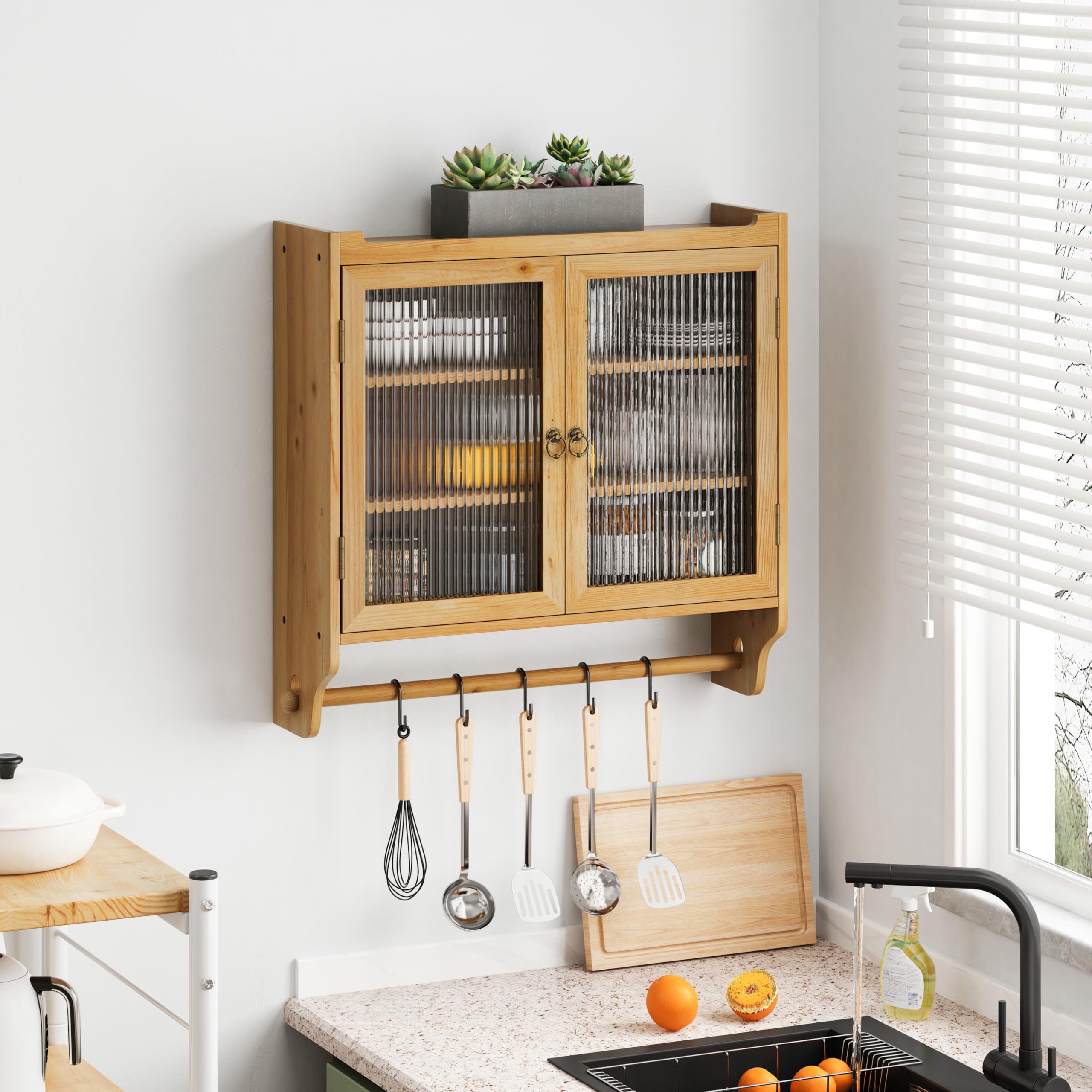 Armadio a Parete con Porta in Vetro Vintage a Doppia Ante da 63 cm con Tre Ripiani di Archiviazione e Portasciugamani, per Bagno, Cucina, Sala da Pranzo, Colore Legno Originale (Originalholz)
