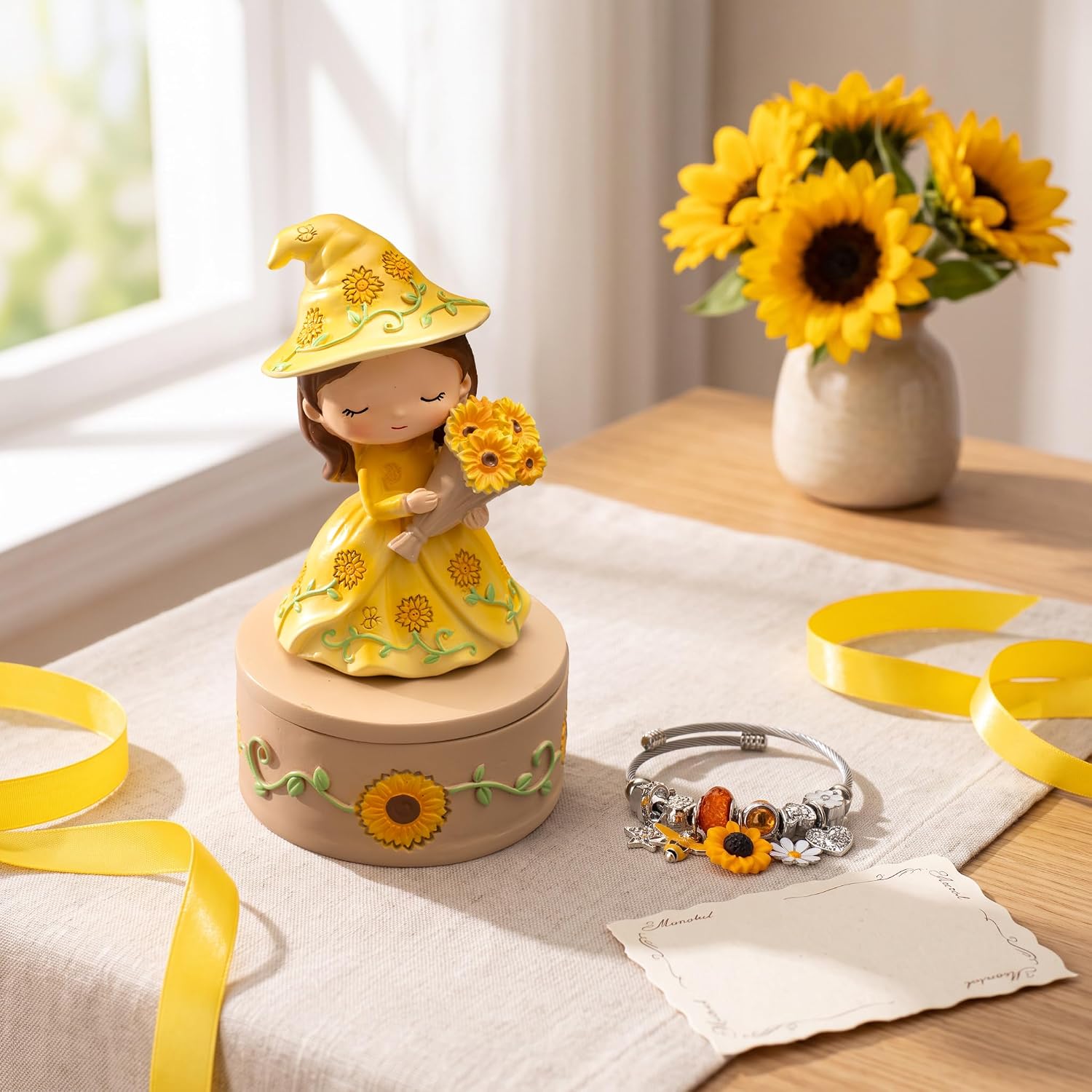 Sunflower Girl Figurine Trinket Box with Charm Bracelet image 2