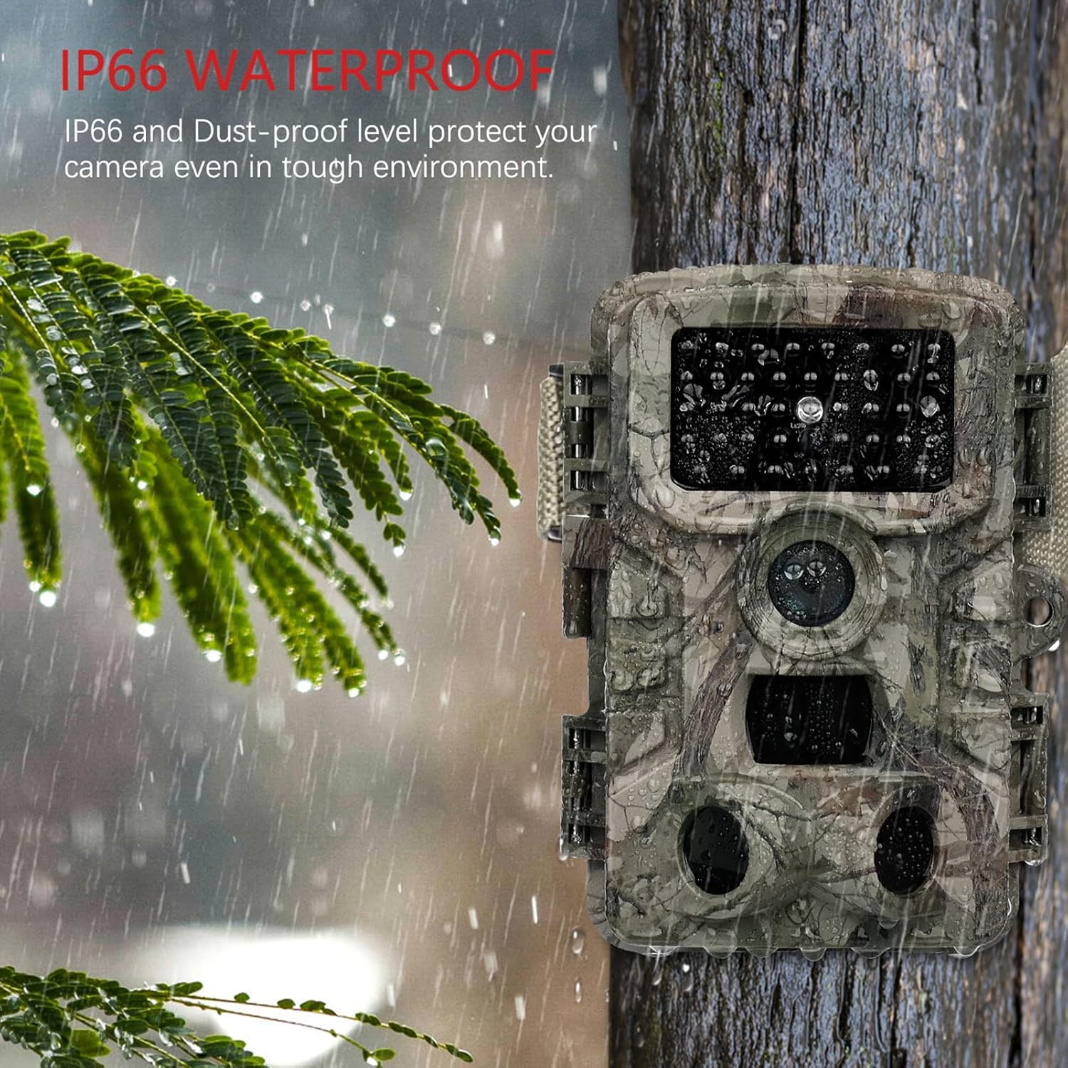 VANBAR Wildlife Camera mounted on a tree in the rain, highlighting its IP66 waterproof design.