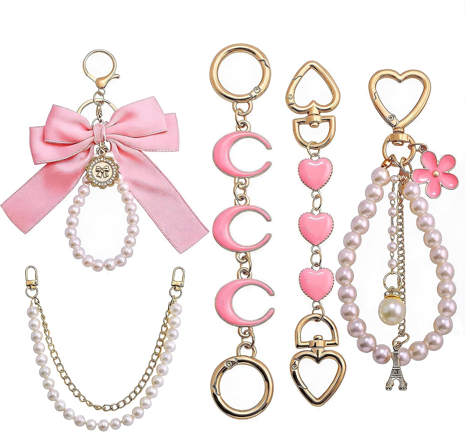 5 Pcs Pearl Bag Chain Extender Set, Purse Strap with Ribbon Bow Keychain, Cute Charm Accessories for Handbag