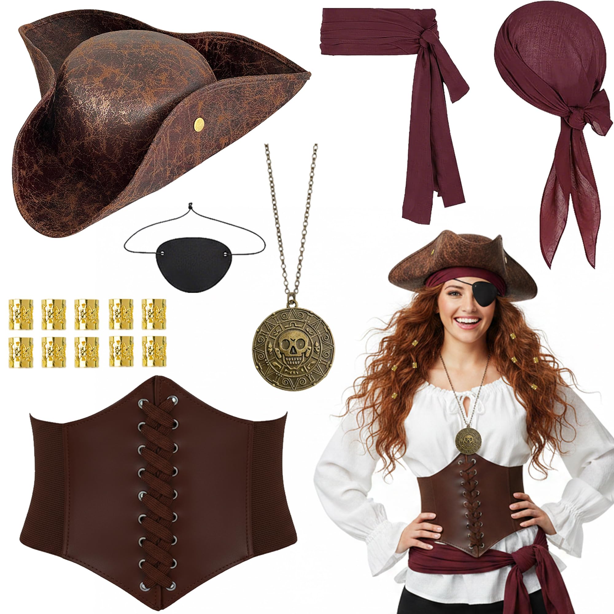 Fictoria Pirate Costume Women Fancy Dress Adult, Pirate Costume Accessories Set with Hat Corset Belt, Medieval Viking Clothing forPirate Role Fancy Dress Cosplay Party