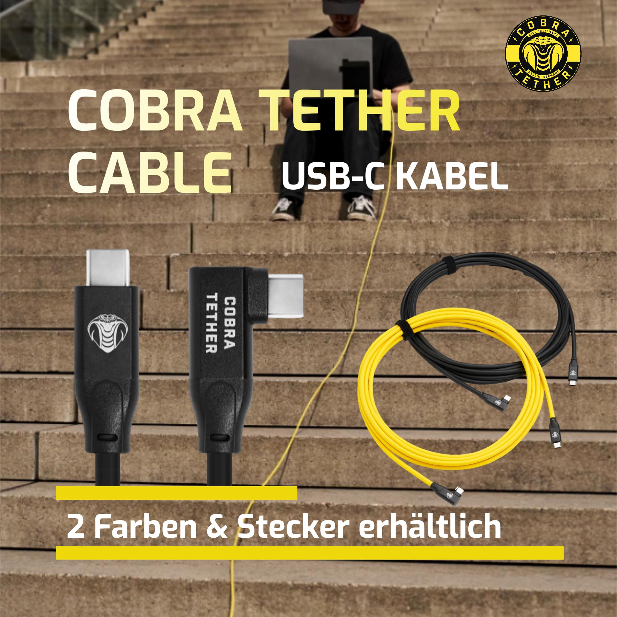 CobraTether Câble USB-C vers USB-C 90°, 5 m, Noir