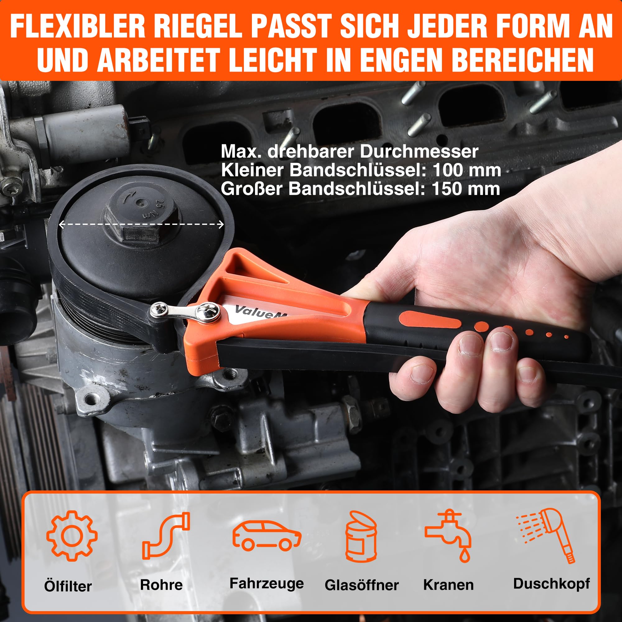 ValueMax 2-tlg. Bandschlüssel Set Gummi Rohrzange 460mm&630mm verstellbares Ölfilter Bandschlüssel Set, Universal Ölfilterschlüssel für Flasche, Spülbecken, Ölfilter, Duschköpfe, Glasöffner