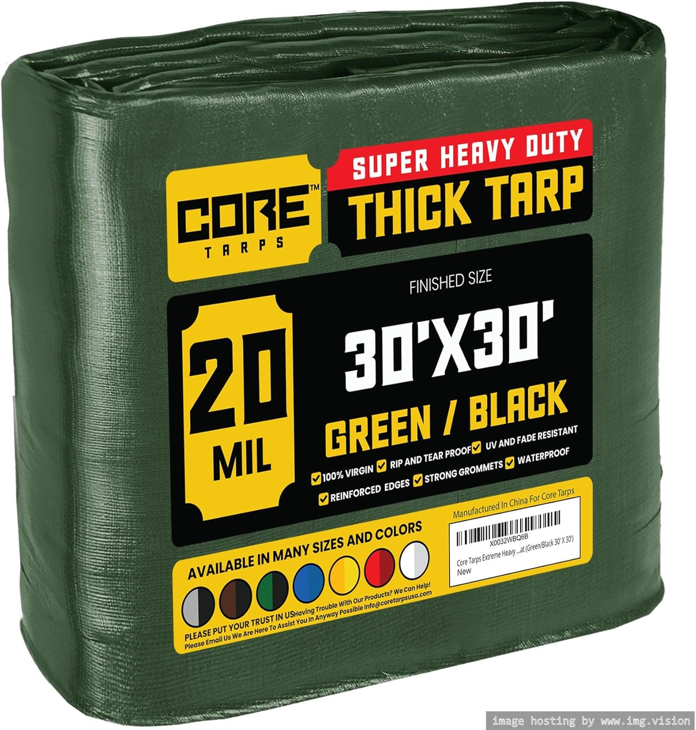 Core Tarps Extreme Heavy Duty 20 Mil Tarp Cover, Waterproof, UV Resistant, Rip and Tear Proof, Poly Tarpaulin with Reinforced Edges for Roof, Camping, Patio, Pool, Boat (Green/Black 30 X 30)