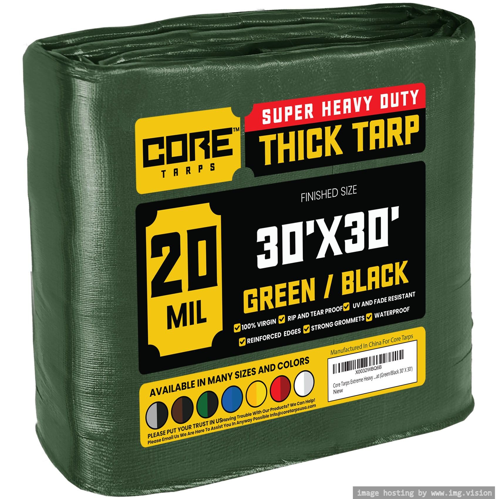 Core Tarps Extreme Heavy Duty 20 Mil Tarp Cover, Waterproof, UV Resistant, Rip and Tear Proof, Poly Tarpaulin with Reinforced Edges for Roof, Patio, Pool, Boat (Green/Black 30′ X 30′)