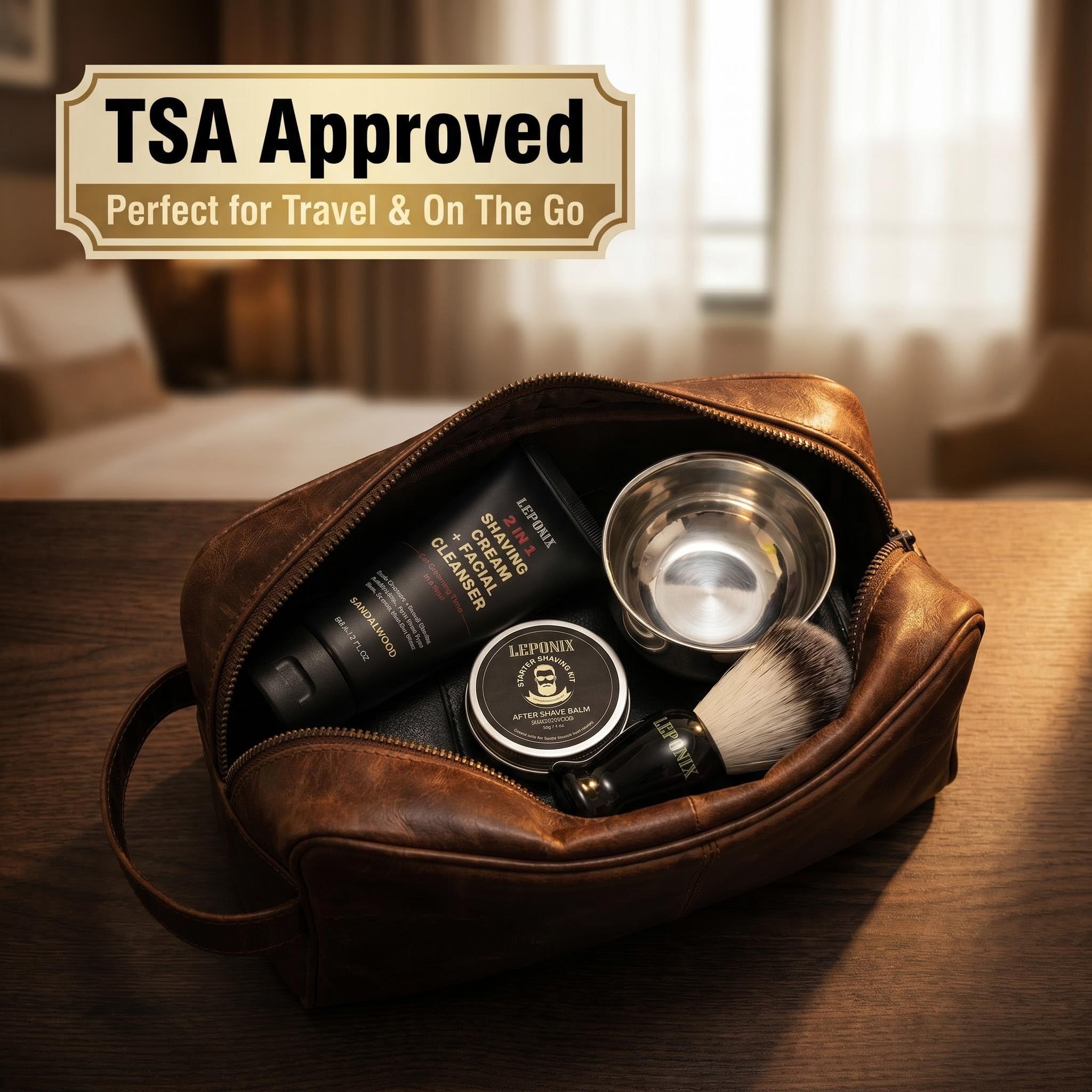 Coffret de rasage voyage conforme TSA | 2-en-1 nettoyant & crème de rasage, blaireau, bol, baume après-rasage | Cadeau pour homme