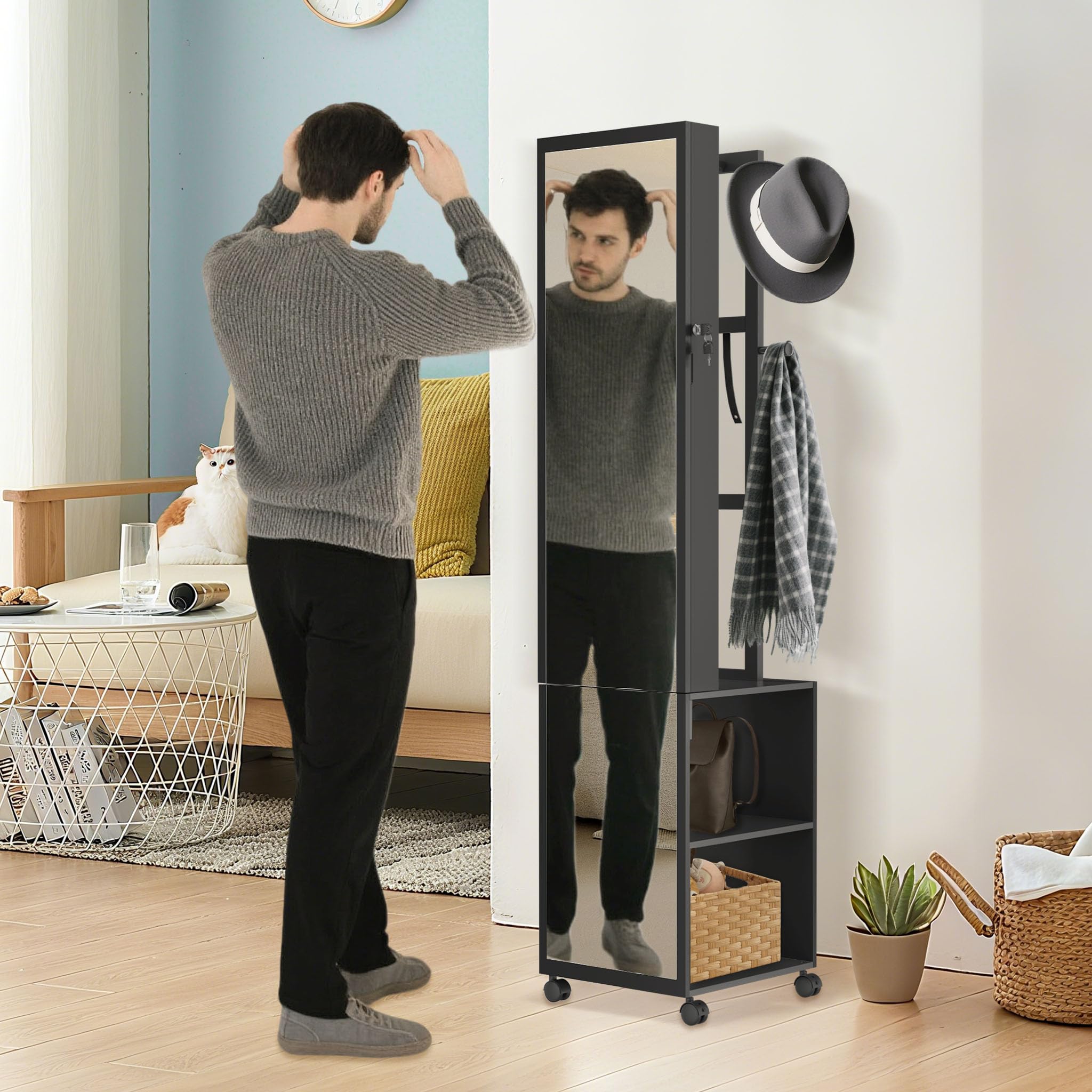 FIVMEN Schmuckschrank mit Spiegel Spiegelschrank Schminkschrank mit Rollen und 6 LEDs Abschließbar Schmuckaufbewahrung Make-Up Organizer 3 in 1 mit Ganzkörperspiegel Standspiegel, Schwarz