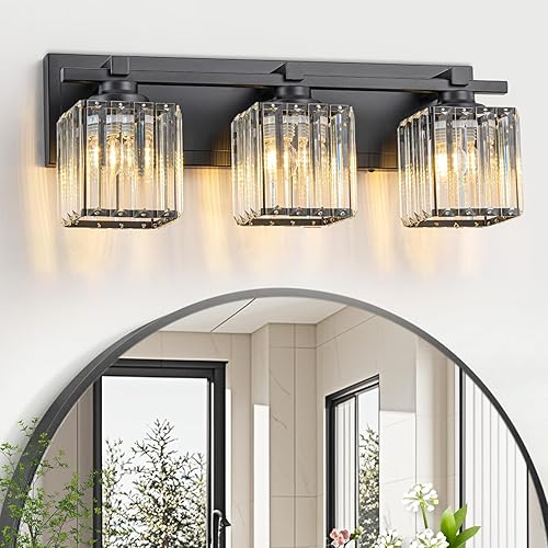 Lámpara de baño de cristal, 3 luces negras claras sobre espejo con pantallas de cristal, moderna lámpara de tocador de baño para baño, baño, armario