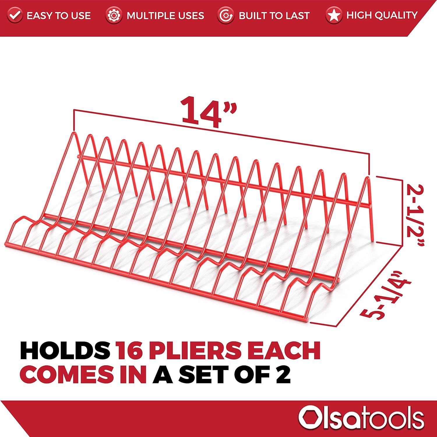 Olsa Tools Plier Organizer Rack Pliers Rack for Tool Box Drawer Storage (Red) | 2pc Plier Holder Holds 32 Pliers | Professional Grade