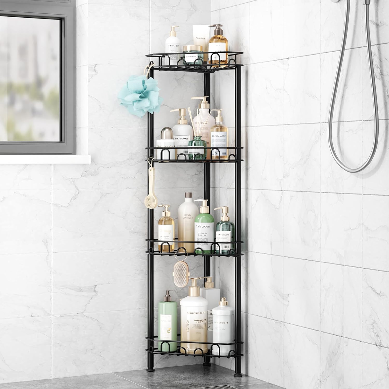 SWTYMIKI Standing Shower Caddy Corner - 4‑Tier Stainless Steel Shower Organizer Shelf with 16 Hooks and Adhesive Pads, Rustproof Corner Shelves Stand Rack for Bathroom Shower Room, Black