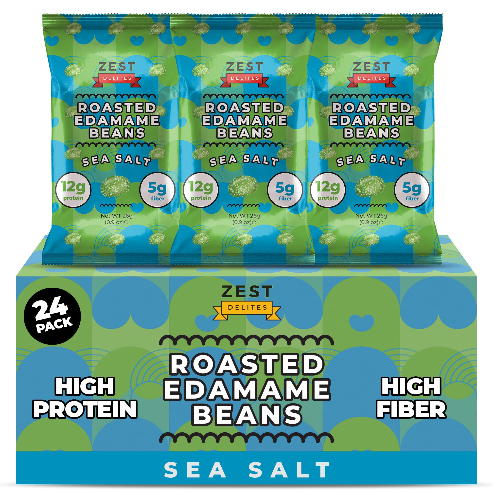 Crunchy Dry Roasted Edamame Beans Snack by Zest Delites, Sea Salt, Vegan, Low Calorie (110cal) High Protein Snacks (12g), Low Carb, Keto, Gluten Free, 0.9 oz 24 Packs