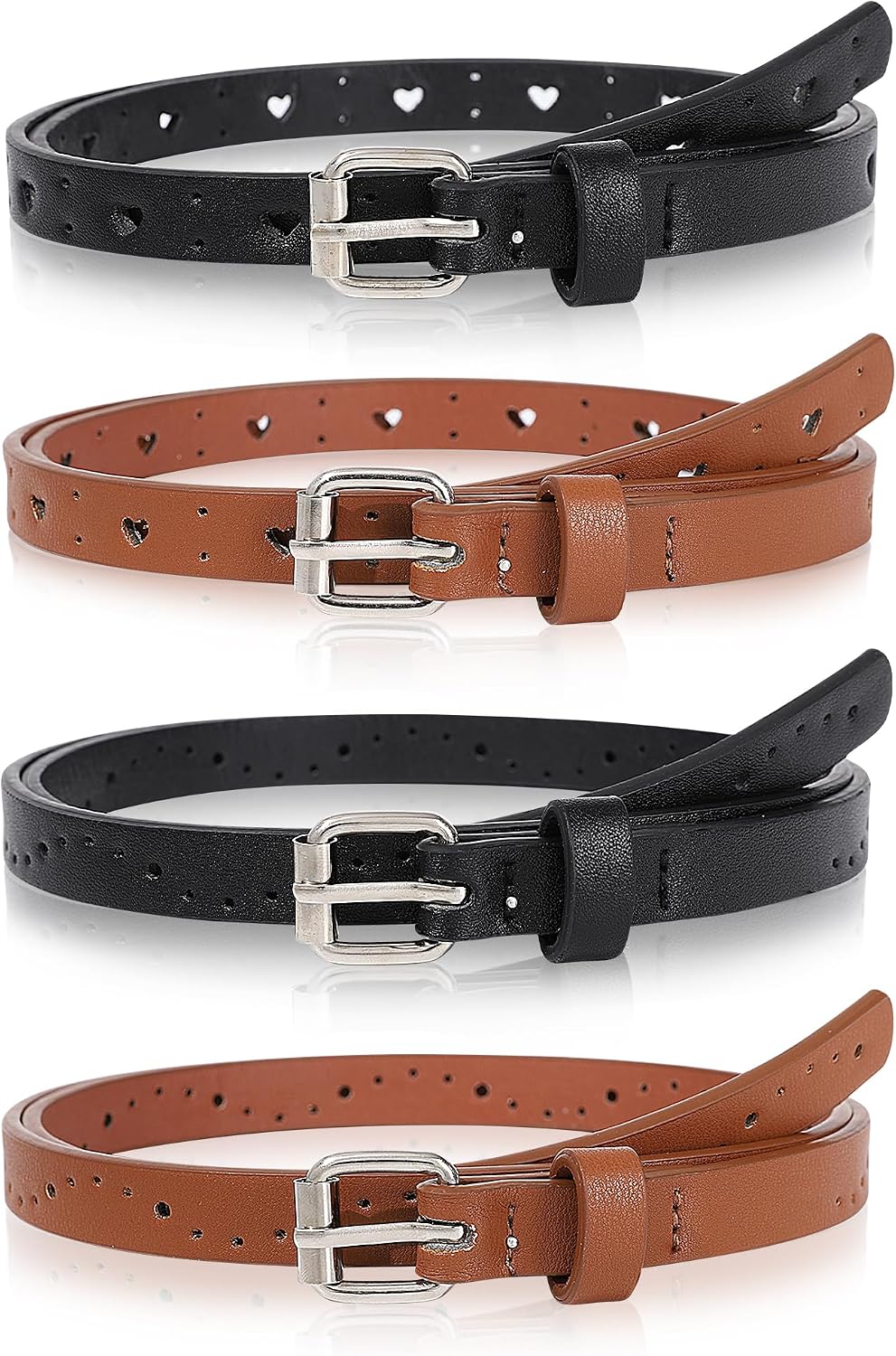 Kajeer Kids Belt for Girls,4 Pcs Durable PU Leather Belt Metal Buckle Heart Circle Hole Youth Toddler Belt for Uniform Casual