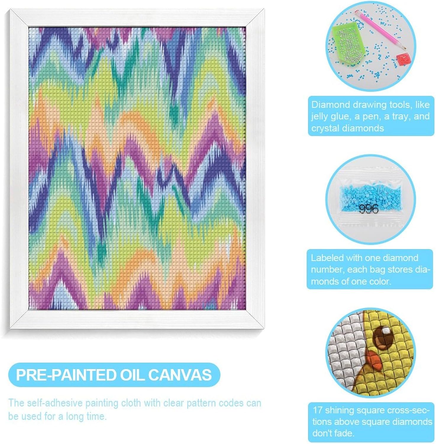 Tie Dye Waves Pattern Diamond 5D Painting Kits with Frame DIY Full Round Drill Gem Art Crafts for Home Wall Decor 16 X 20in White Wood 40 * 50cm