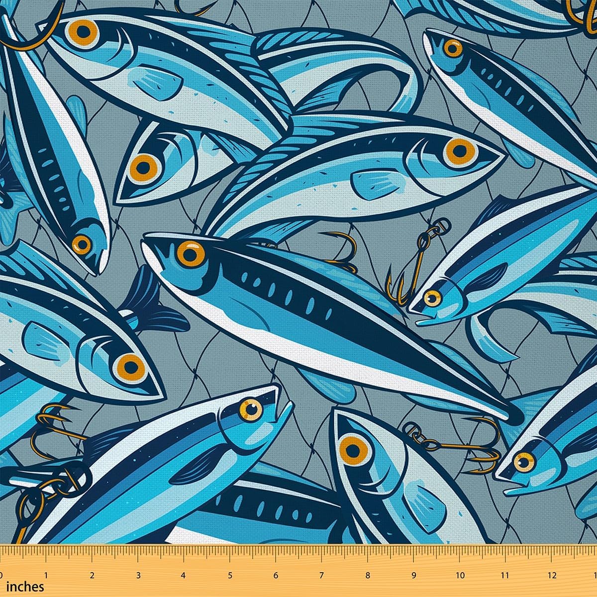 Blue Fish Fabric by The Yard Watercolor Sealife Retro Hooks Fabric for Kids Teens Adults Hand Drawn Animal Fishing Sports DIY Sewing Fabric for Sofa Chair Kids Bedroom Decor,3 Yards