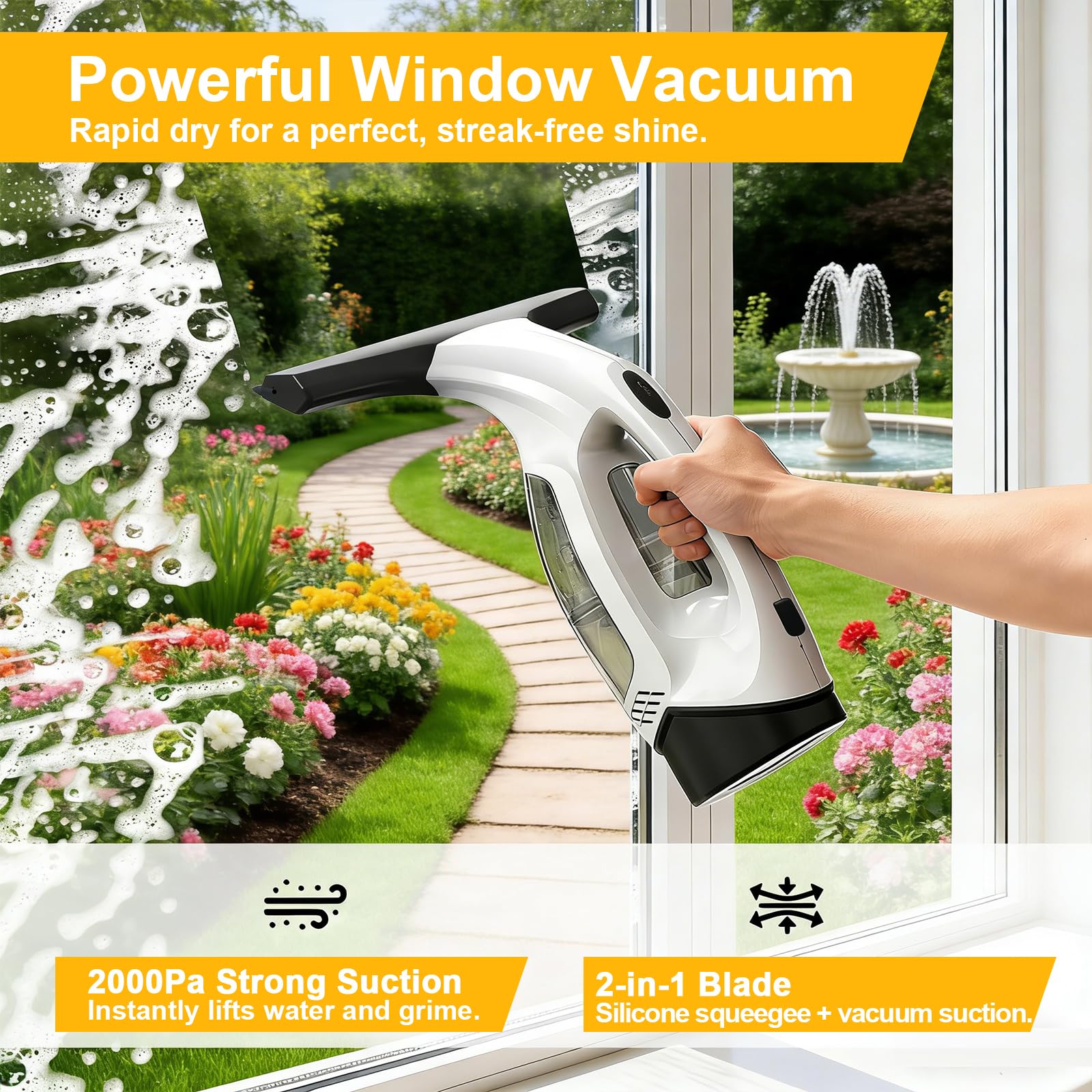 Aspirateur à Vitre sans Fil, Nettoyeur Vitre Électrique Portable avec Bouteille Spray et Chiffon Microfibre pour Fenêtres, Miroirs, Carrelage – Aspiration Puissante 2000Pa, Autonomie 40min