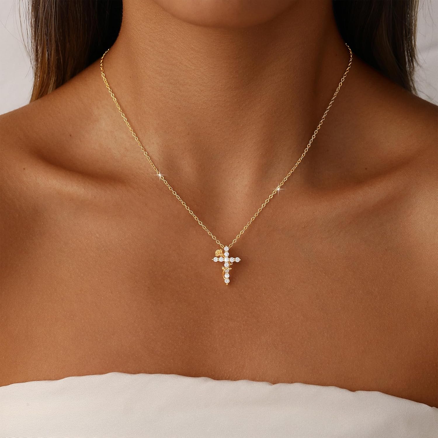 Gold Cross Necklace for Women Dainty 14K Gold Plated Diamond Cross Pendant Necklace Simple Charm Cross Necklaces Faith Trendy Jewelry Gifts - Image 2