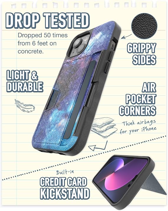 Smartish iPhone 15 Wallet Case - Wallet Slayer Vol. 2 [Slim + Protective] Credit Card Holder w/Kickstand - Drop Tested Hidden Card Slot Cover Compatible w/Apple iPhone 15 - Spaced Out