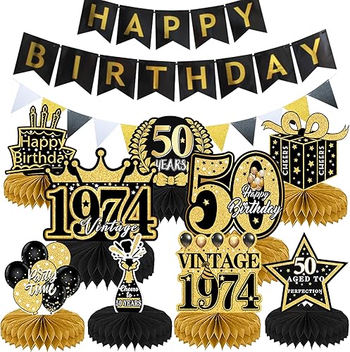 Golcellia 9 piezas de decoraciones de cumpleaños número 50, decoración de fiesta de panales y pancartas de color negro y oro, suministros de mesa