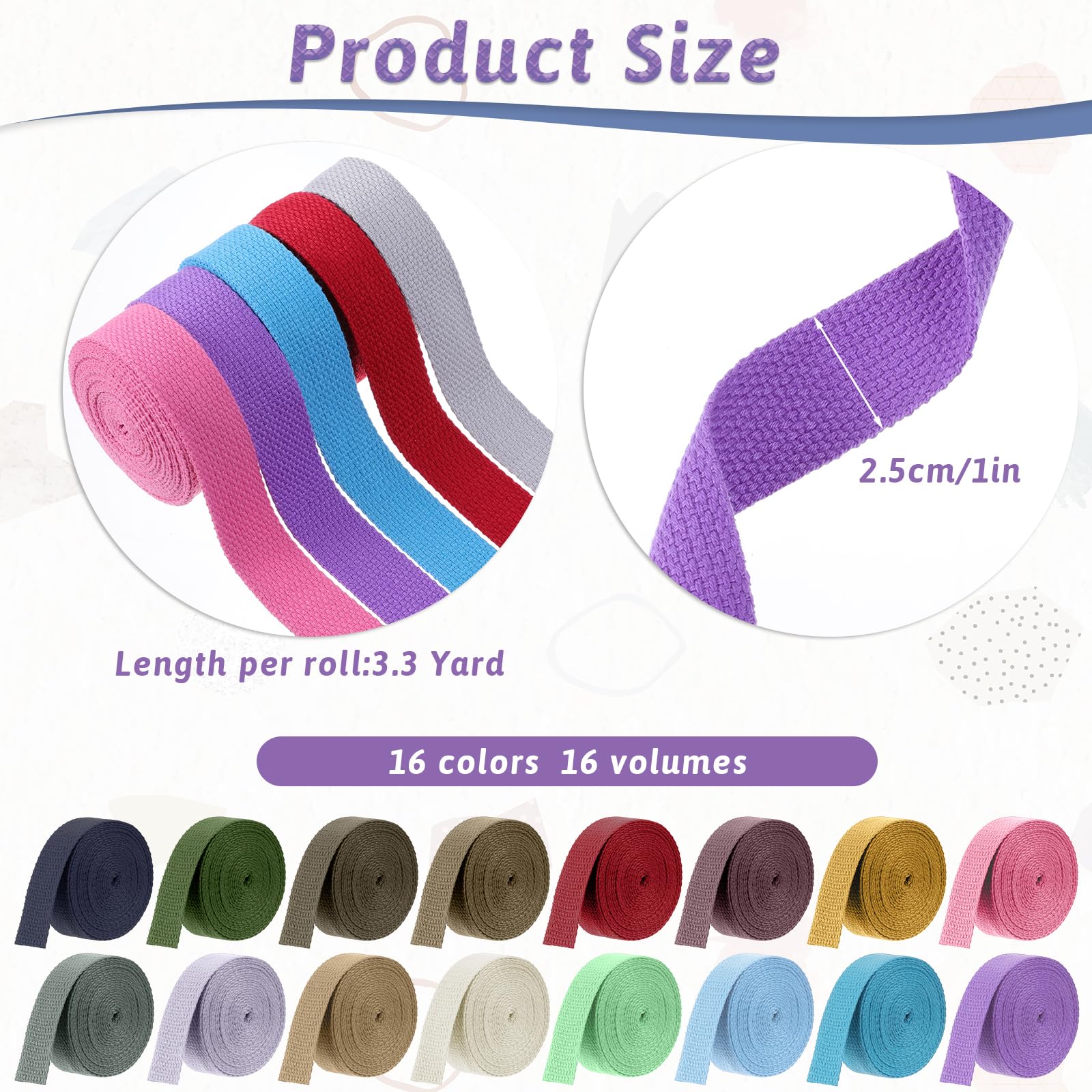 Vin Beauty 16 Rolls Cotton Webbing Strap 1 Inch Wide 3.3 Yard Polyester Webbing Straps for Bag Making Supplies, 16 Colors Nylon Twill Tape Strapping for Pets, DIY Crafts Furniture Backpack, Gardening