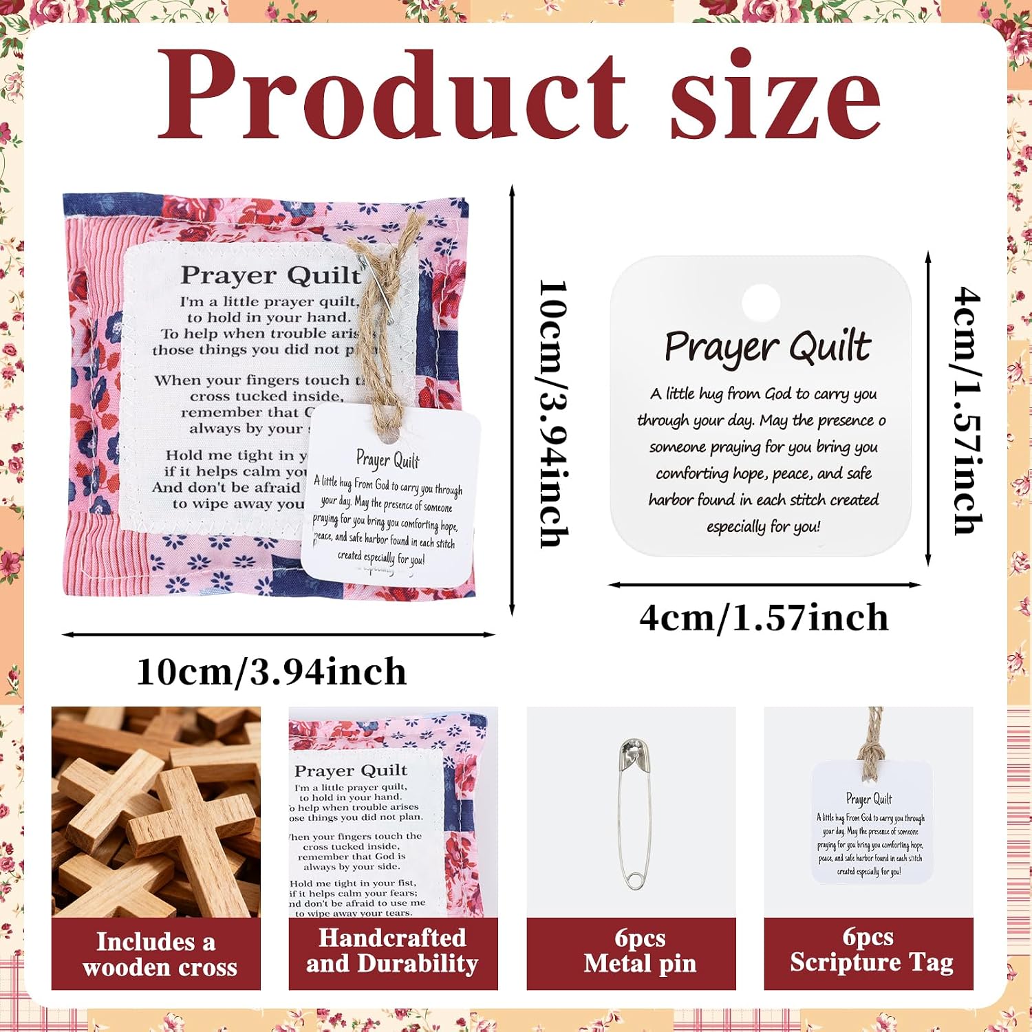 Prayer Quilt with Cross Inside - 6 Pcs Vintage Mini Prayer Cloth, Pocket Scripture Prayer Quilt Squares, Christian Gifts for Women, Christmas Appreciation Gifts for Church Pastor Grandparents